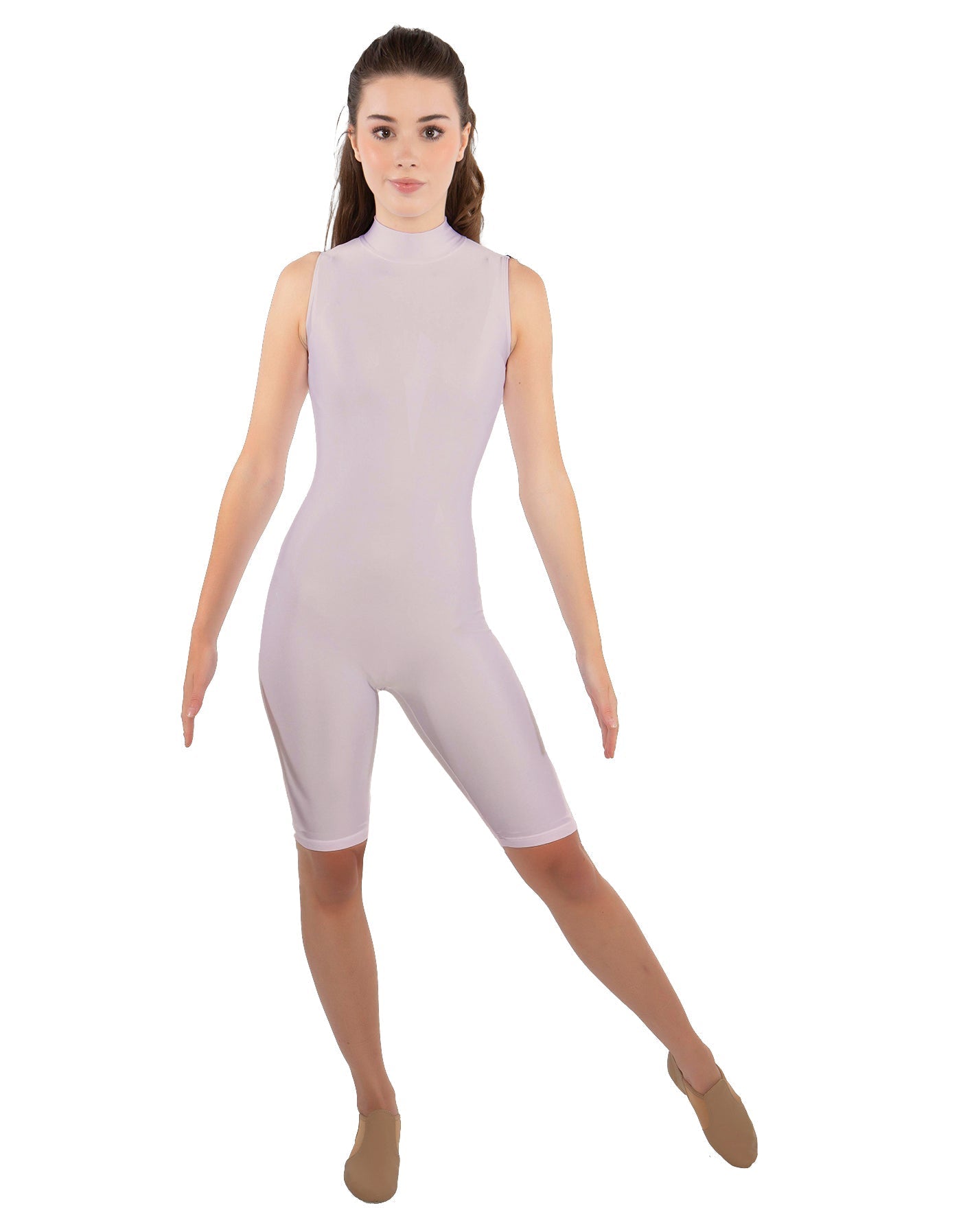 Solid Lycra T Neck Sleeveless Biketard - Nicker Short Length - Zipper Back
