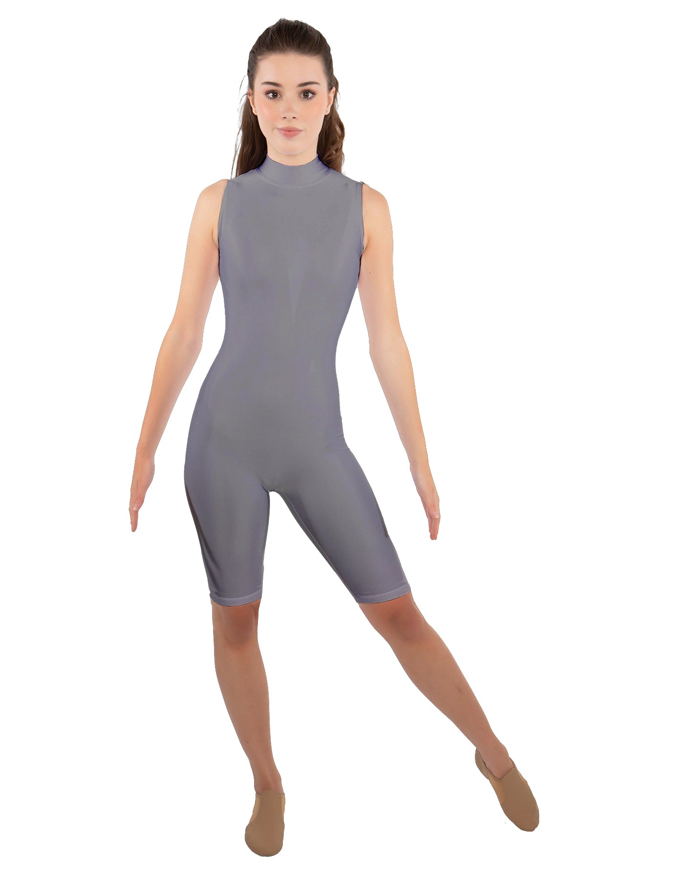 Solid Lycra T Neck Sleeveless Biketard - Nicker Short Length - Zipper Back