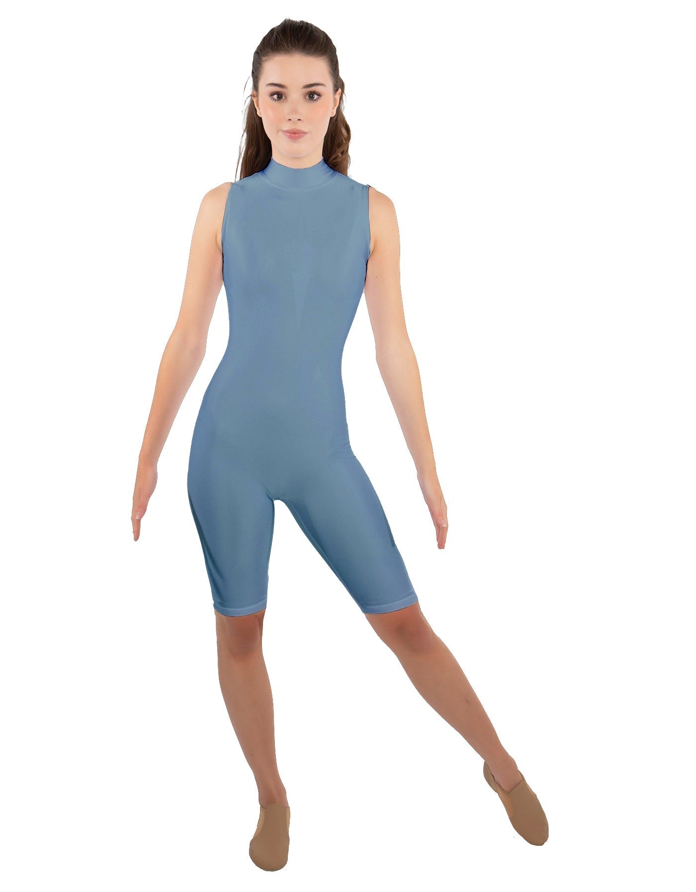Solid Lycra T Neck Sleeveless Biketard - Nicker Short Length - Zipper Back