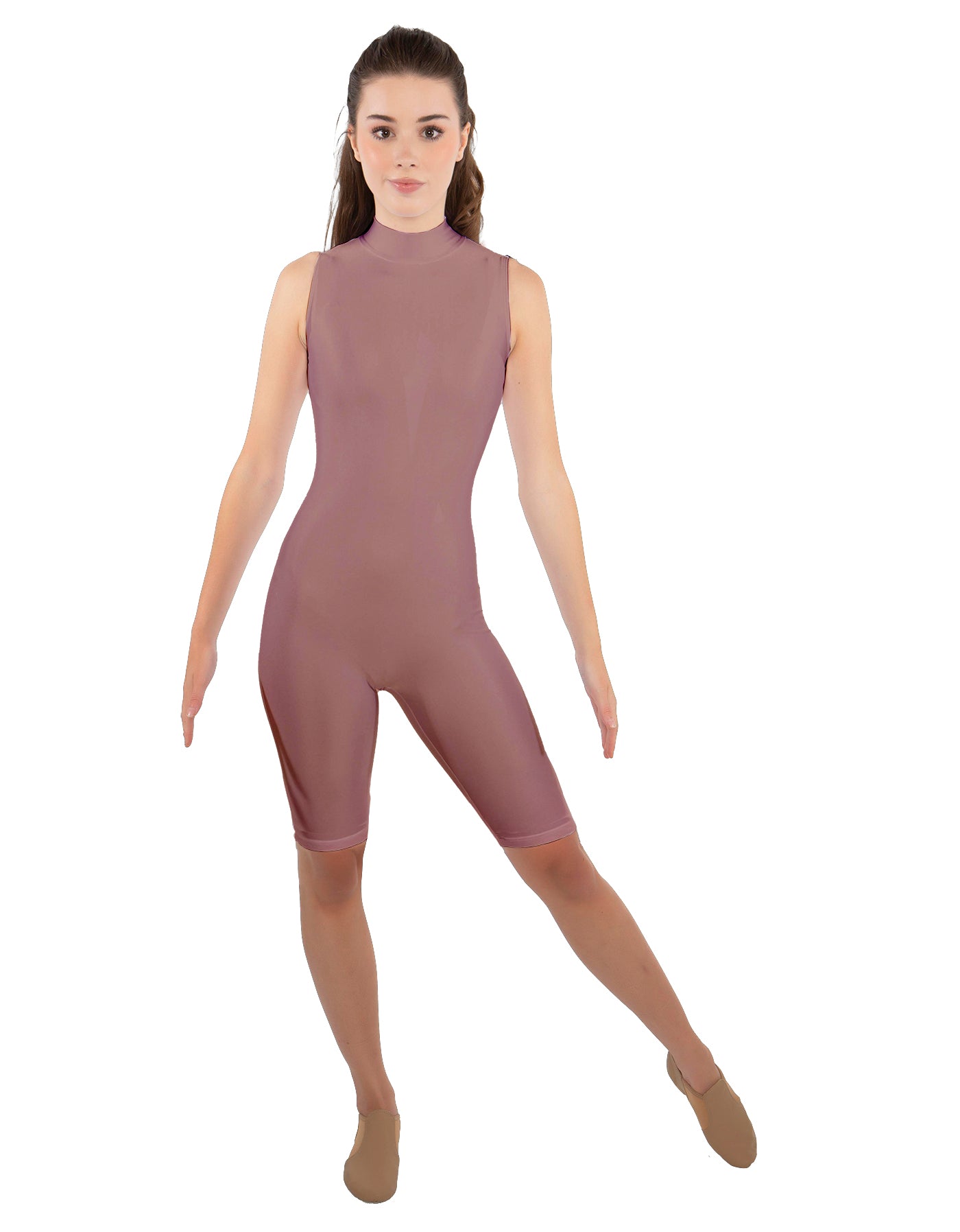 Solid Lycra T Neck Sleeveless Biketard - Nicker Short Length - Zipper Back
