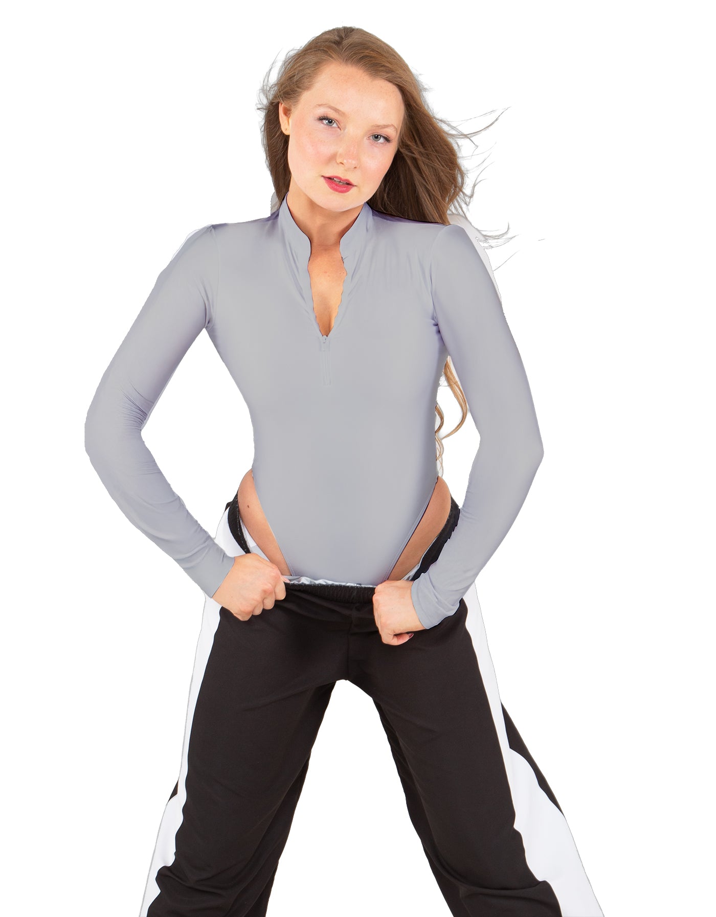 Solid Lycra LS TNeck Zipper Front Leotard High Cut Leg
