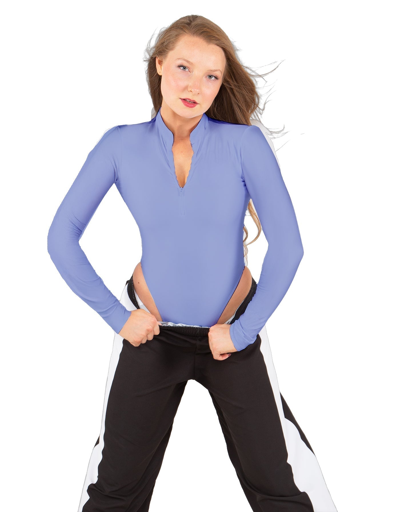 Solid Lycra LS TNeck Zipper Front Leotard High Cut Leg