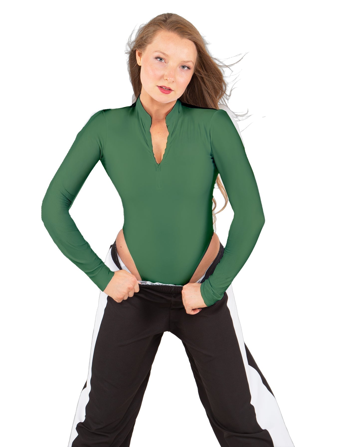 Solid Lycra LS TNeck Zipper Front Leotard High Cut Leg