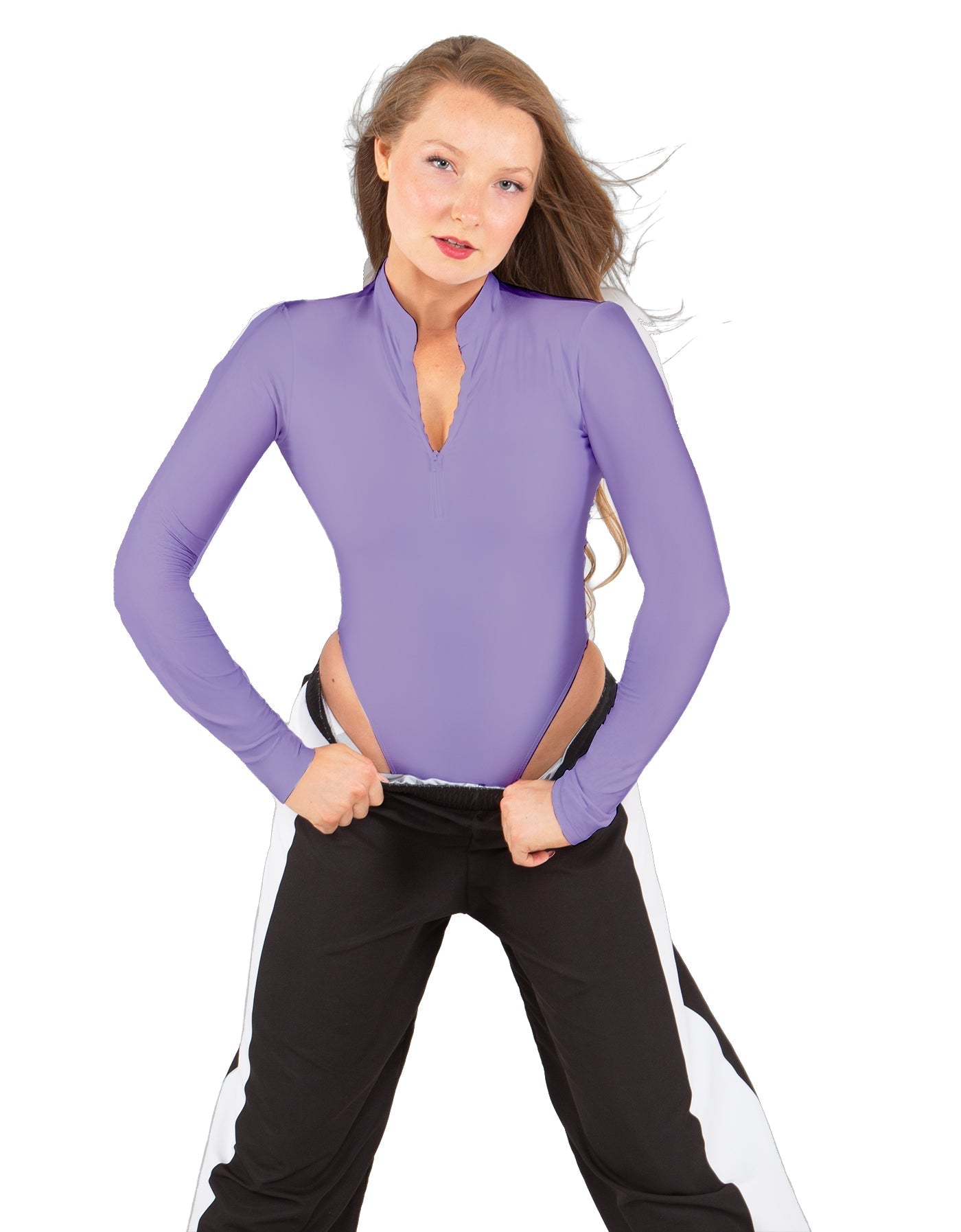 Solid Lycra LS TNeck Zipper Front Leotard High Cut Leg