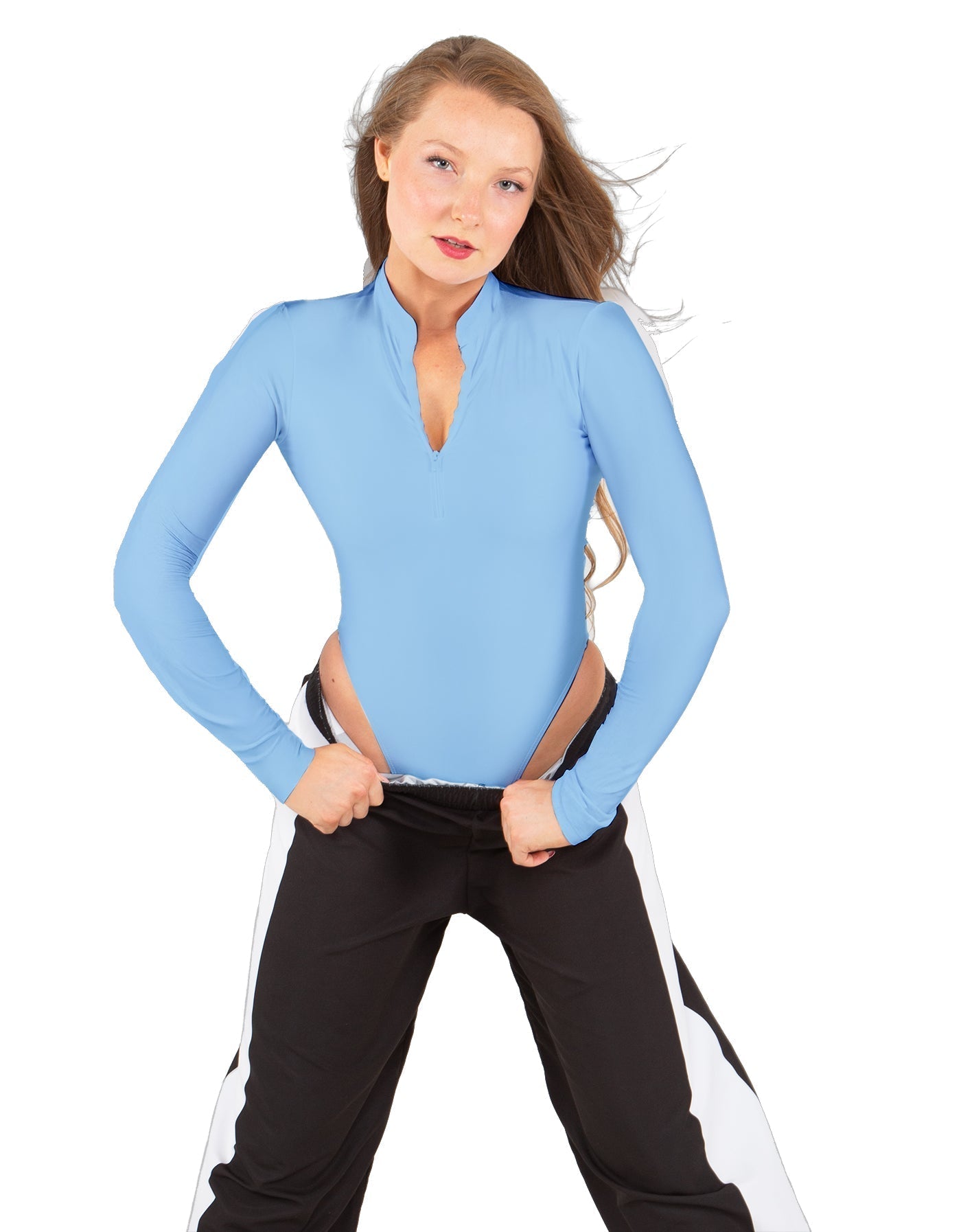 Solid Lycra LS TNeck Zipper Front Leotard High Cut Leg