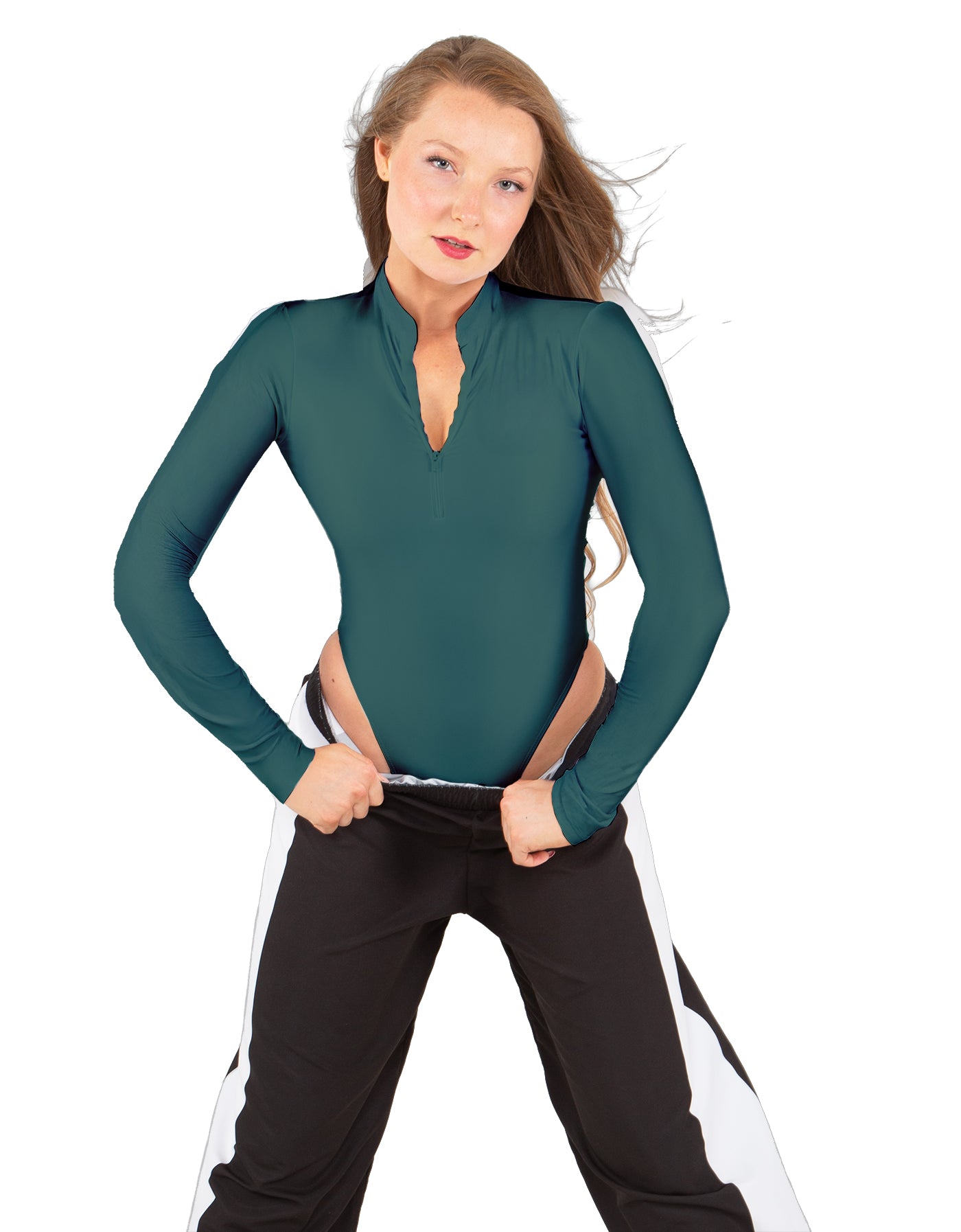 Solid Lycra LS TNeck Zipper Front Leotard High Cut Leg