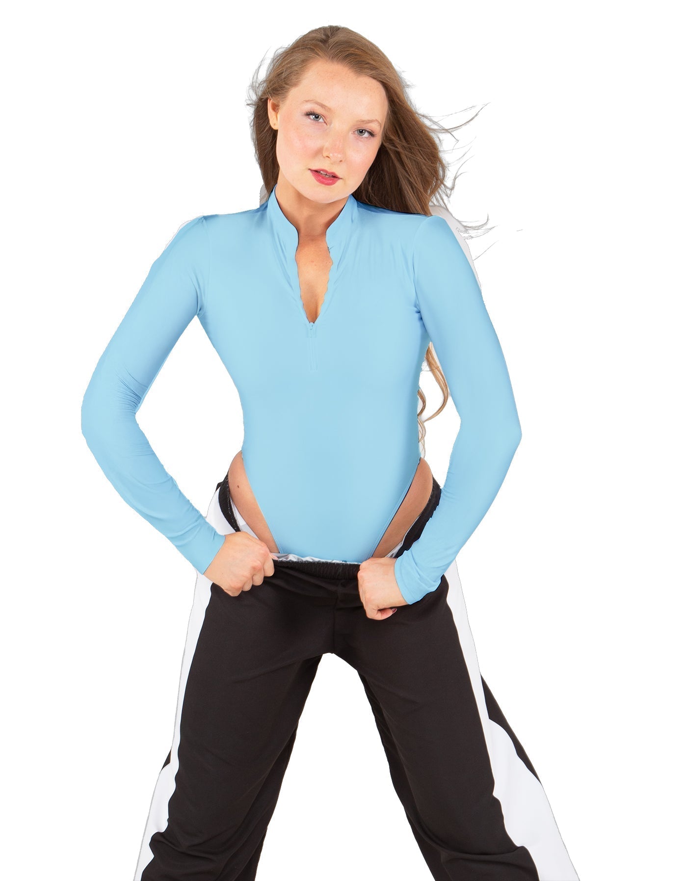 Solid Lycra LS TNeck Zipper Front Leotard High Cut Leg