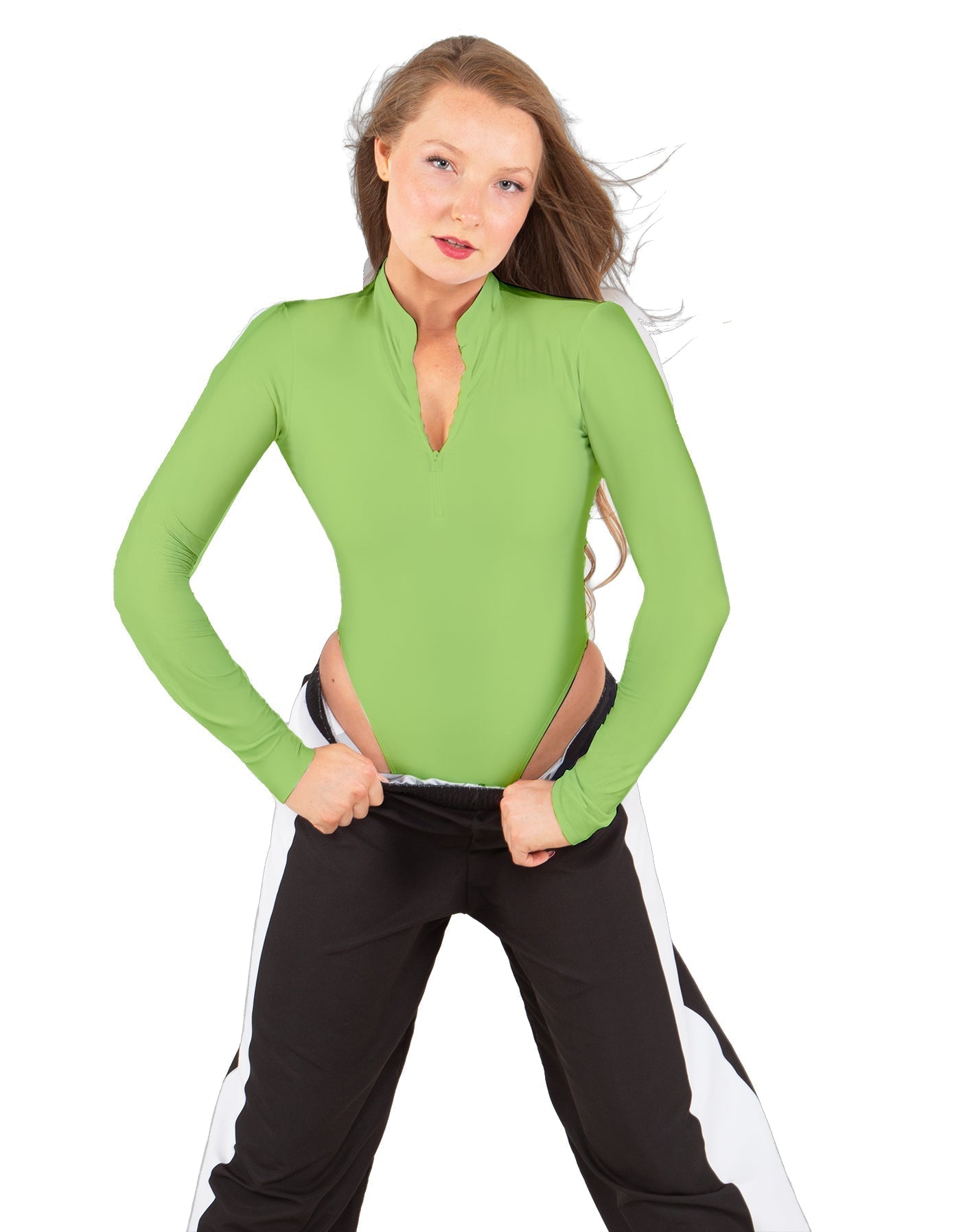 Solid Lycra LS TNeck Zipper Front Leotard High Cut Leg