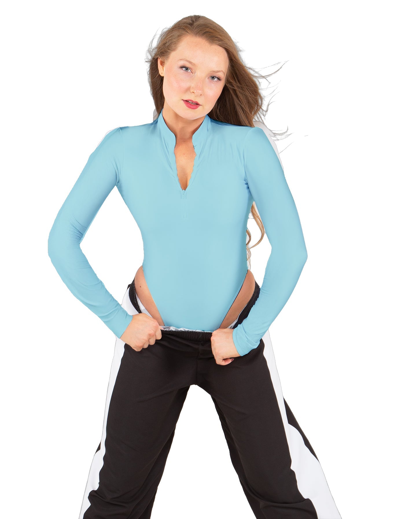 Solid Lycra LS TNeck Zipper Front Leotard High Cut Leg