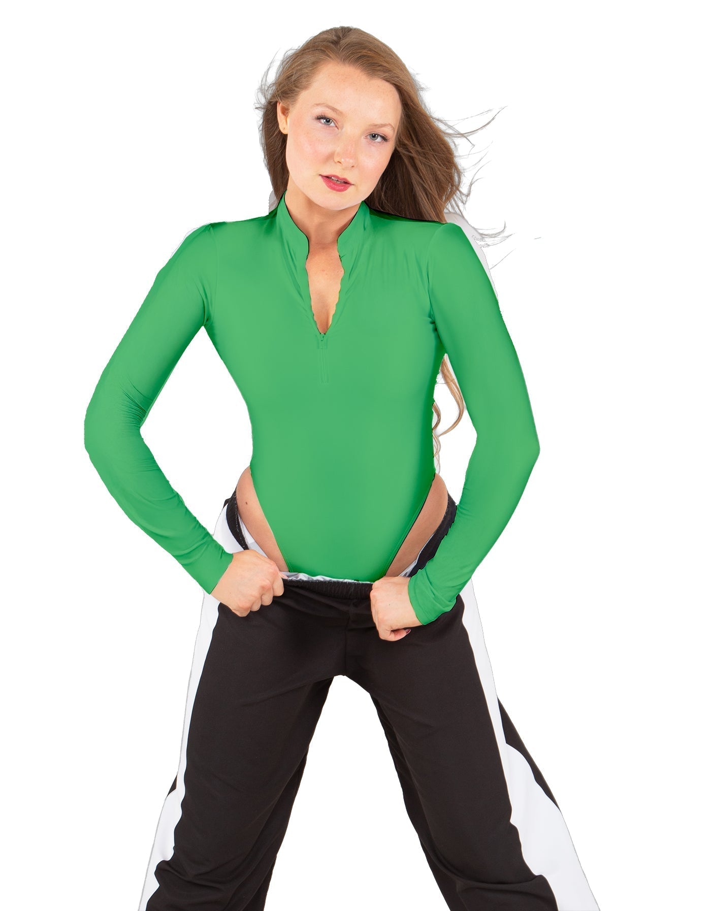 Solid Lycra LS TNeck Zipper Front Leotard High Cut Leg