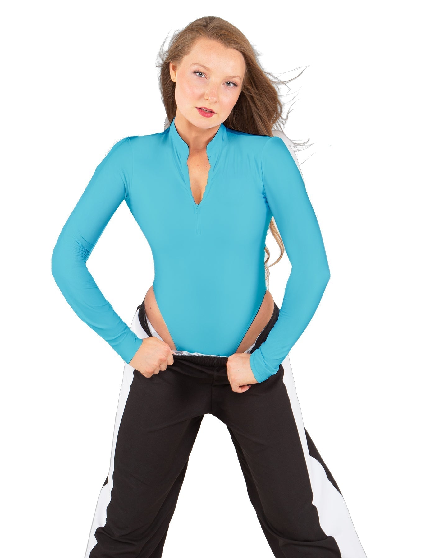 Solid Lycra LS TNeck Zipper Front Leotard High Cut Leg