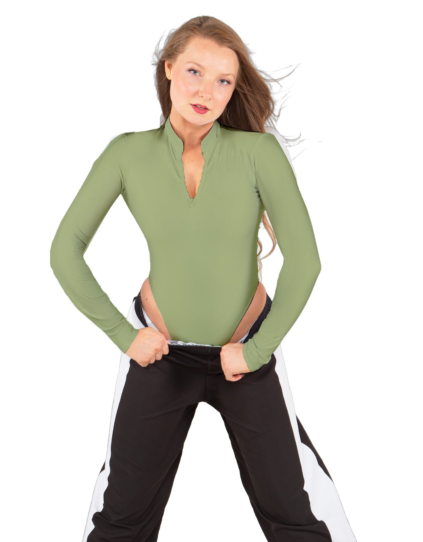 Solid Lycra LS TNeck Zipper Front Leotard High Cut Leg