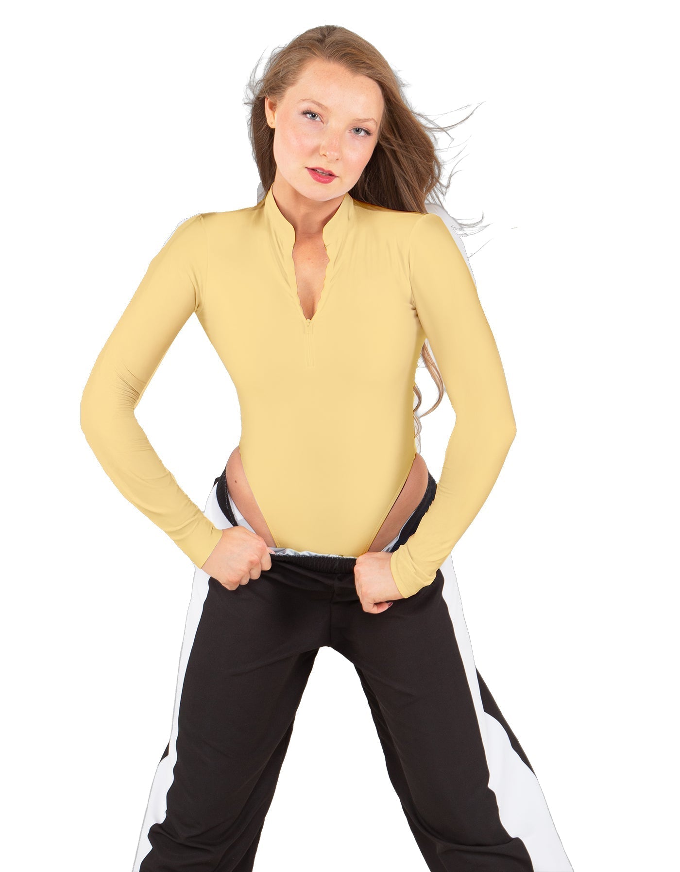 Solid Lycra LS TNeck Zipper Front Leotard High Cut Leg