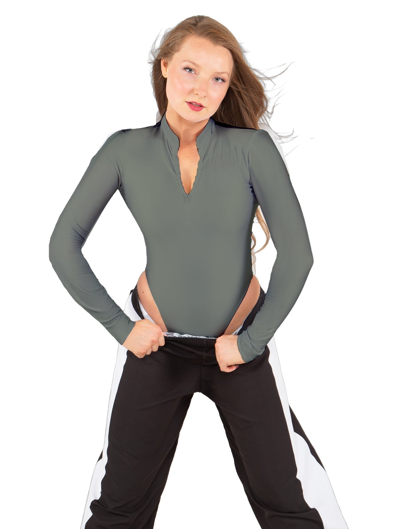 Solid Lycra LS TNeck Zipper Front Leotard High Cut Leg