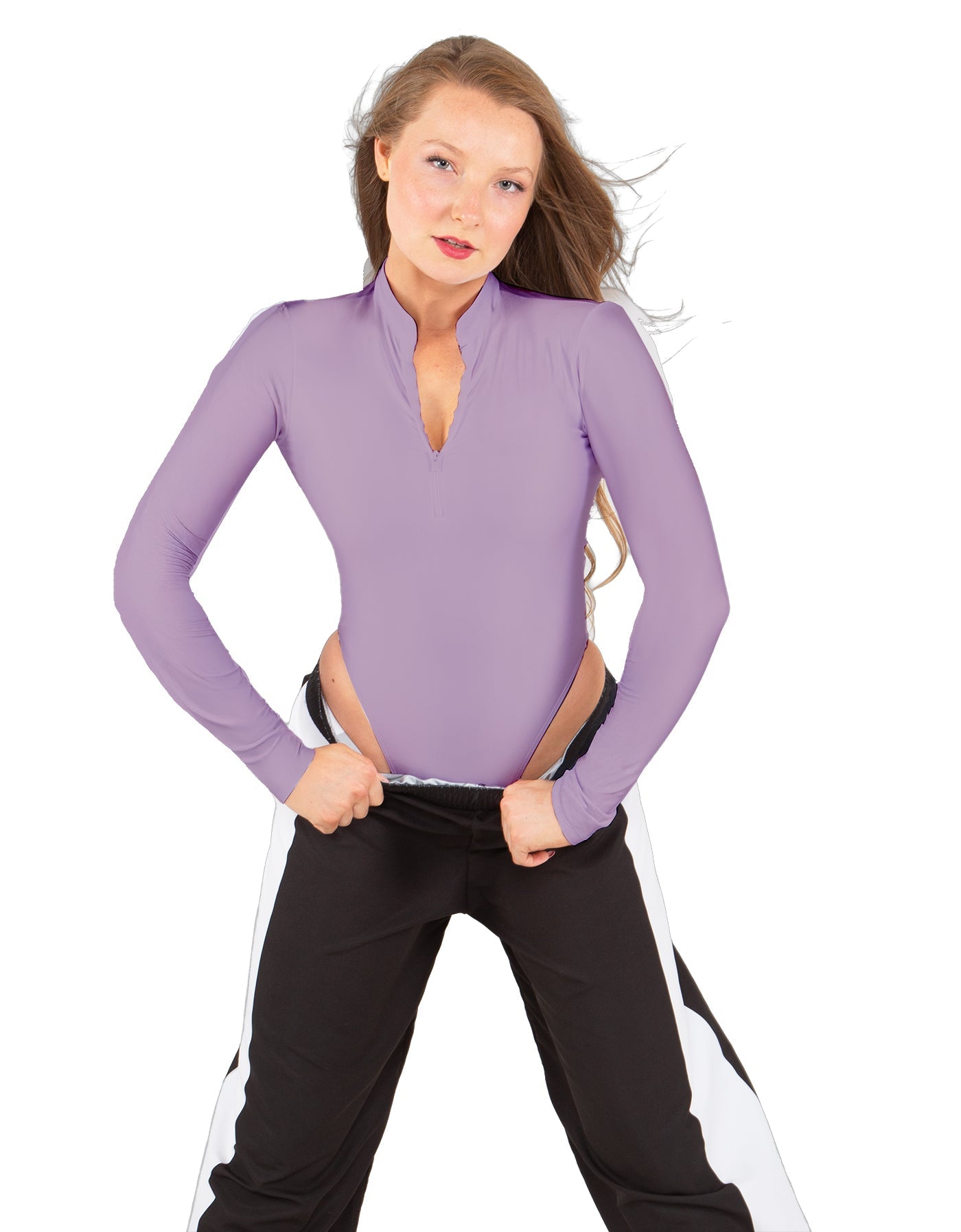 Solid Lycra LS TNeck Zipper Front Leotard High Cut Leg