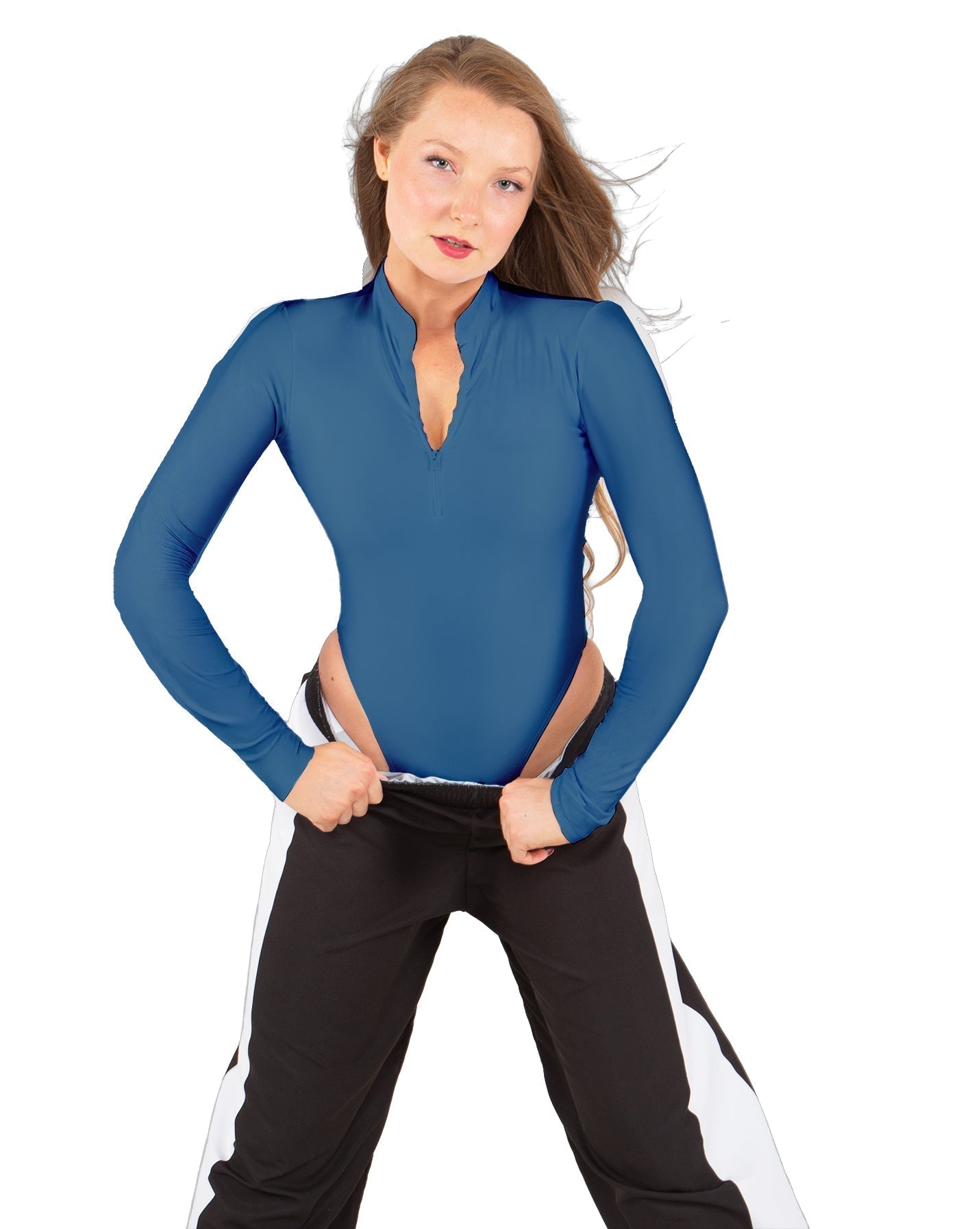 Solid Lycra LS TNeck Zipper Front Leotard High Cut Leg