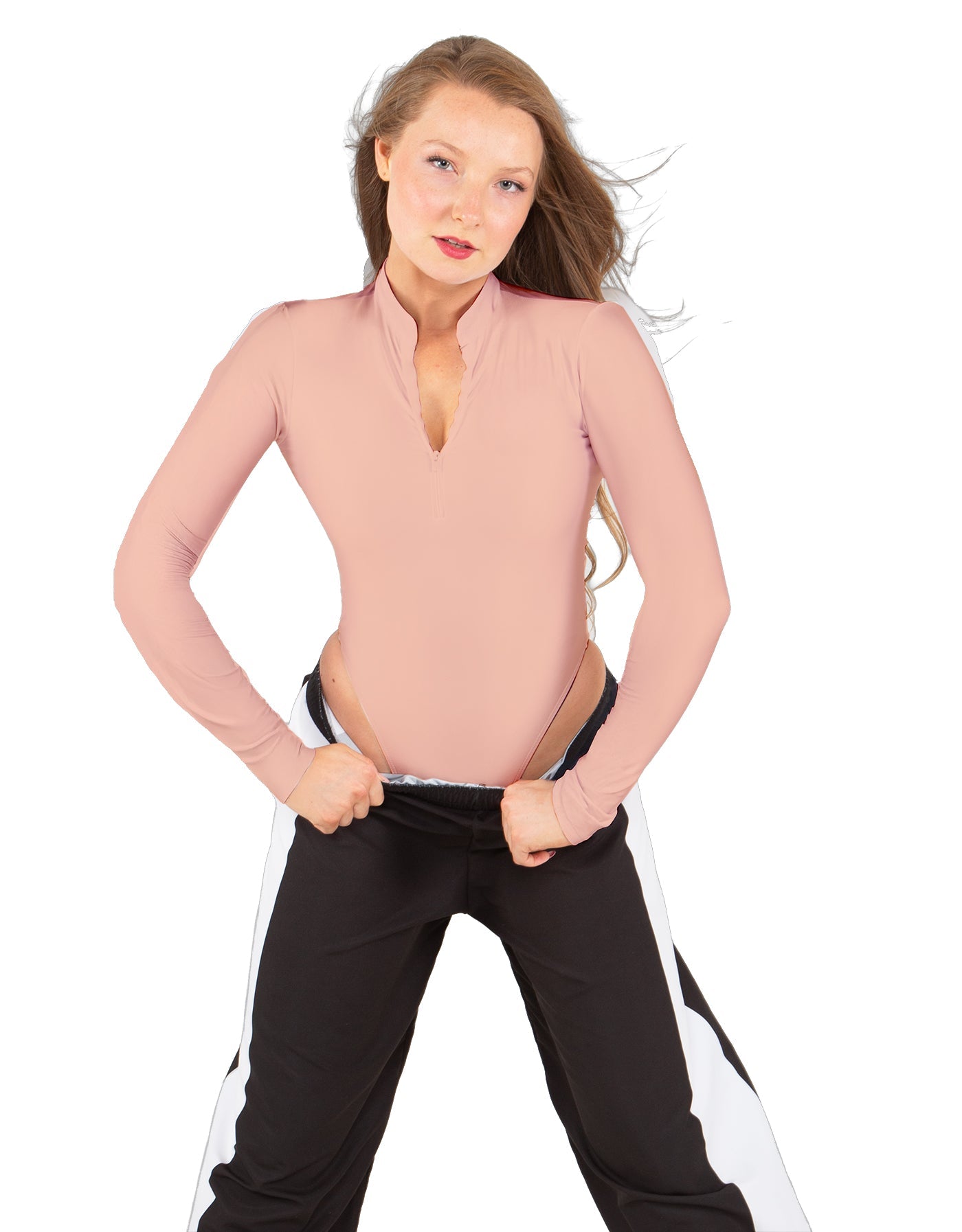 Solid Lycra LS TNeck Zipper Front Leotard High Cut Leg