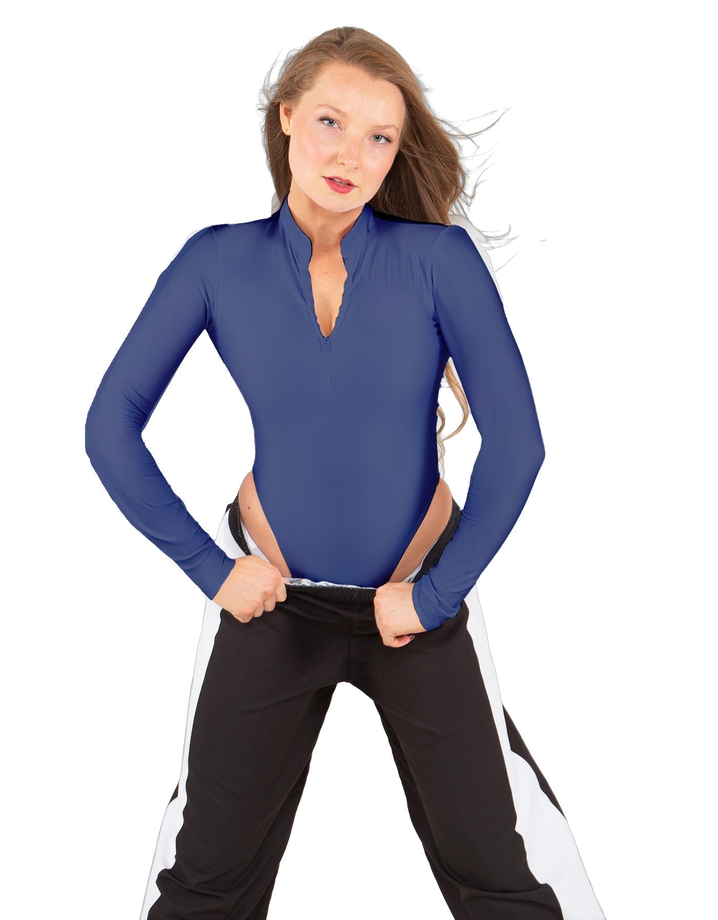 Solid Lycra LS TNeck Zipper Front Leotard High Cut Leg