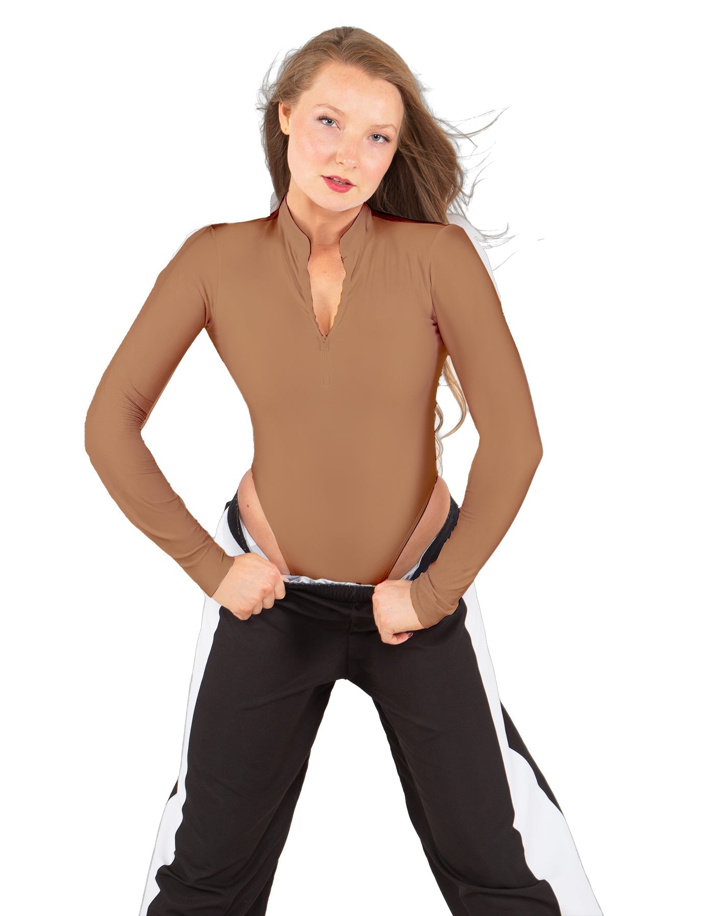 Solid Lycra LS TNeck Zipper Front Leotard High Cut Leg