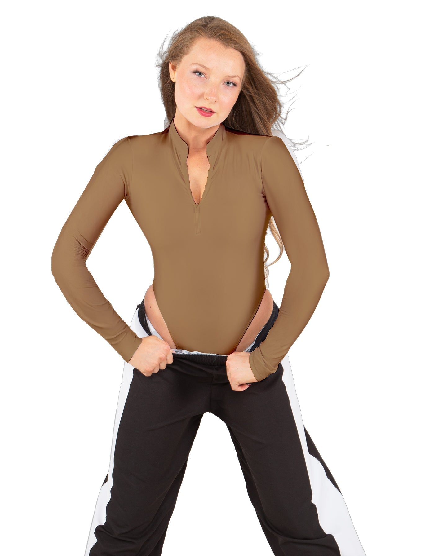 Solid Lycra LS TNeck Zipper Front Leotard High Cut Leg