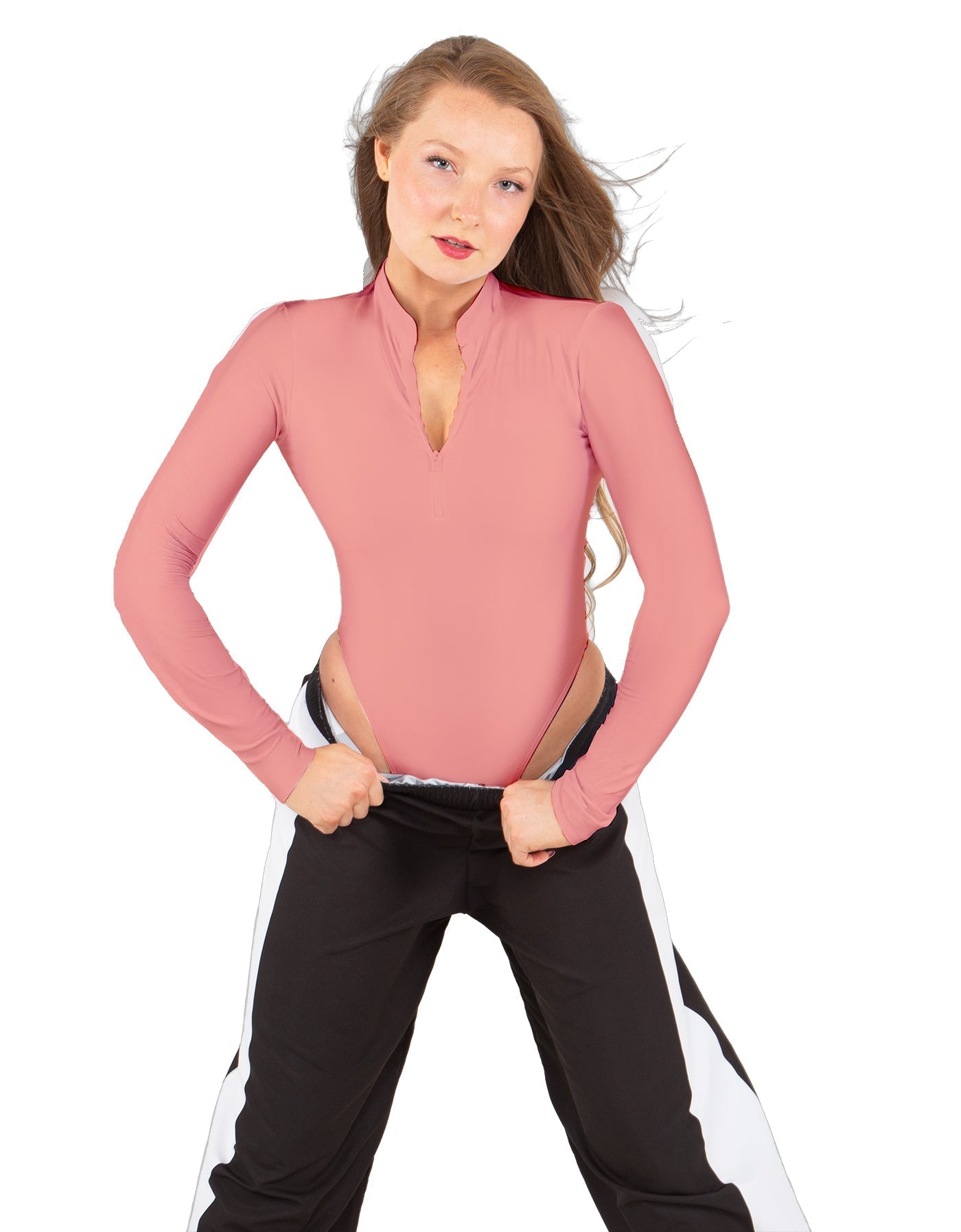 Solid Lycra LS TNeck Zipper Front Leotard High Cut Leg
