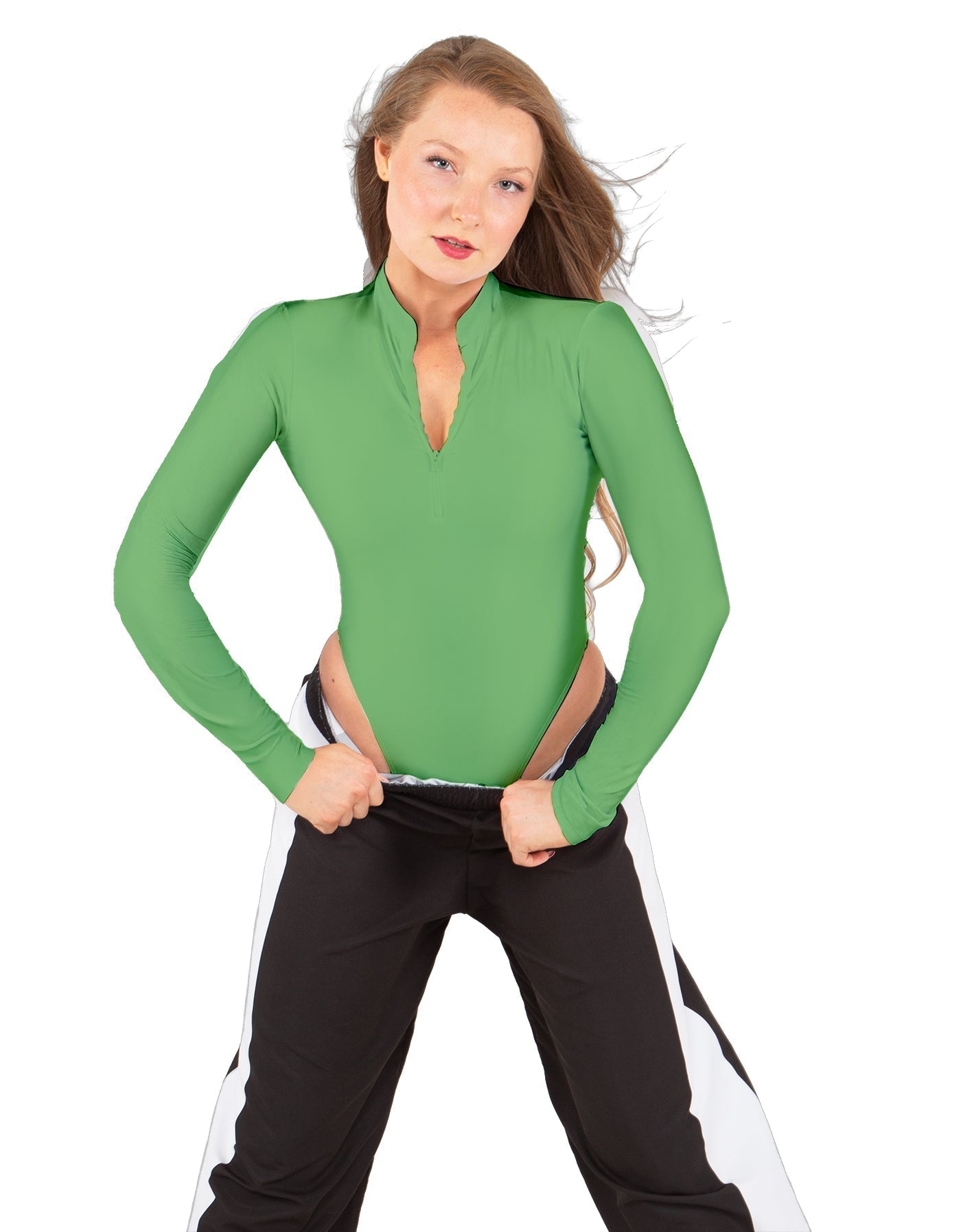 Solid Lycra LS TNeck Zipper Front Leotard High Cut Leg