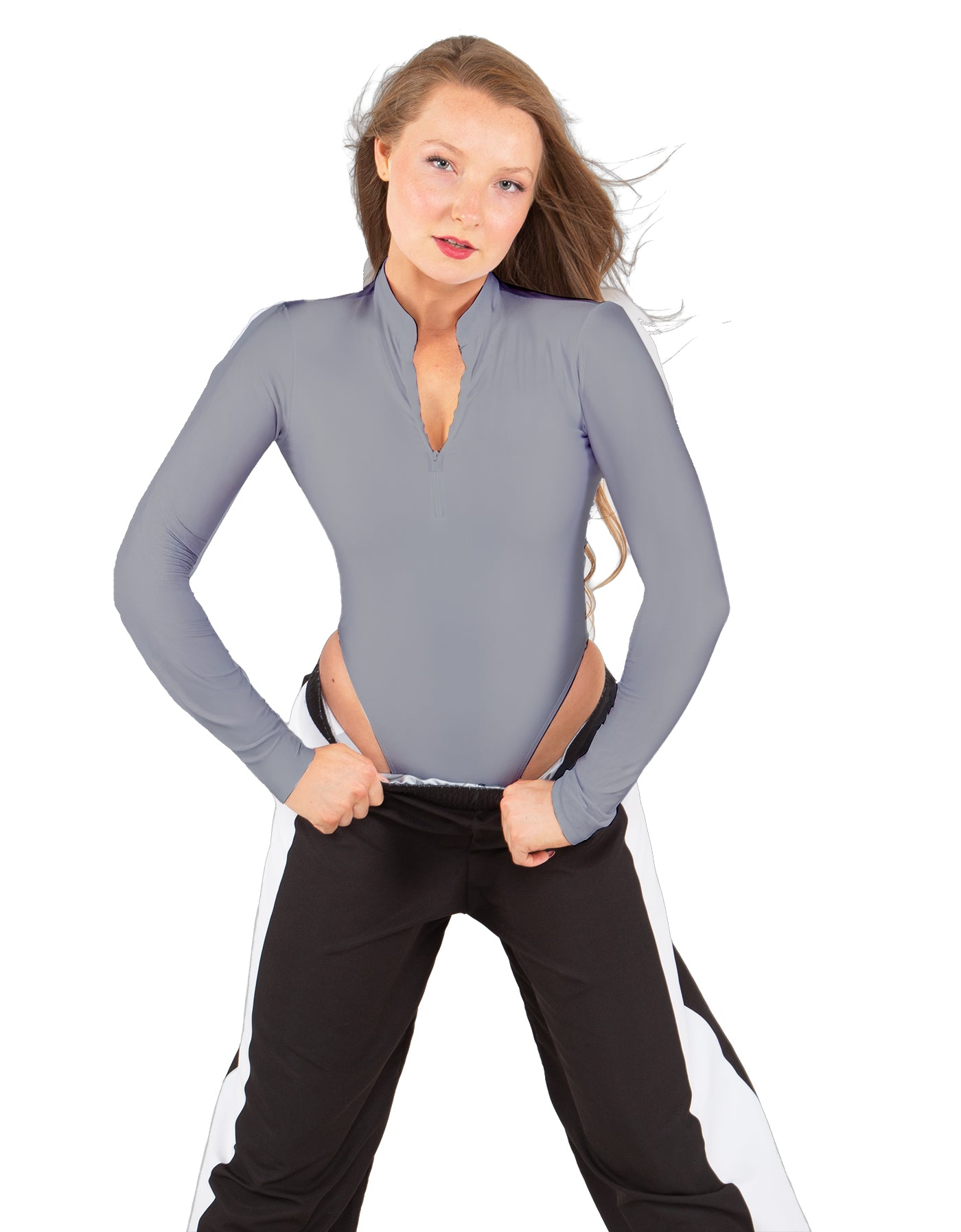 Solid Lycra LS TNeck Zipper Front Leotard High Cut Leg