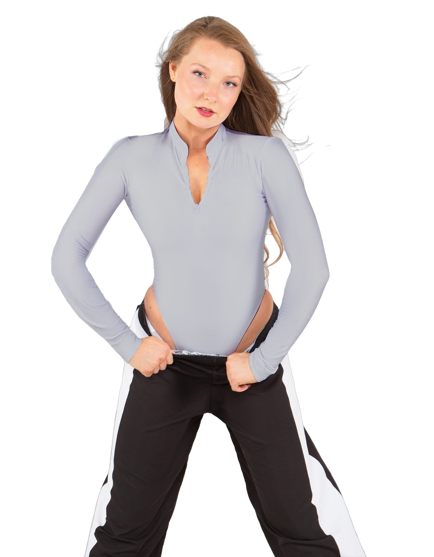Solid Lycra LS TNeck Zipper Front Leotard High Cut Leg