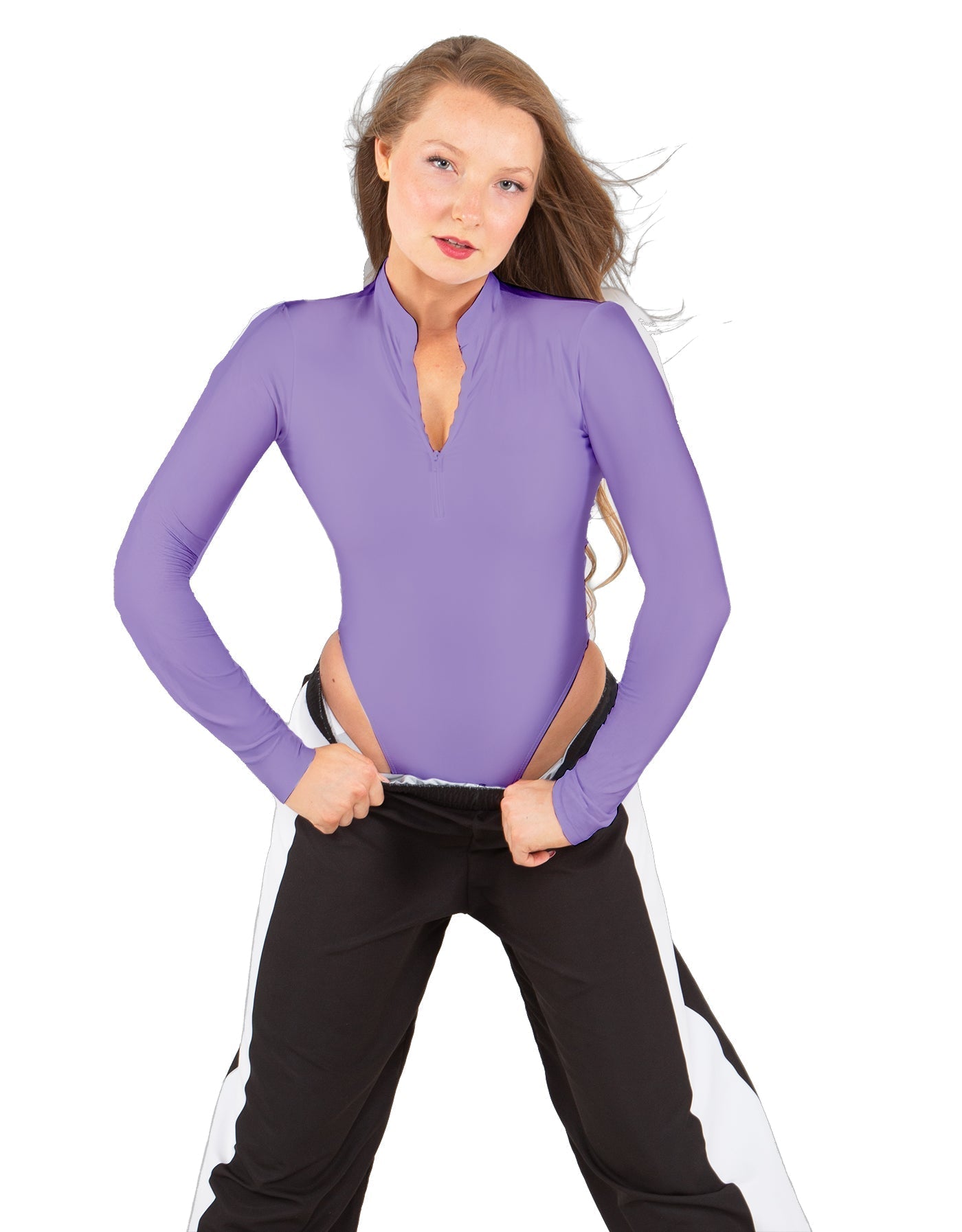 Solid Lycra LS TNeck Zipper Front Leotard High Cut Leg