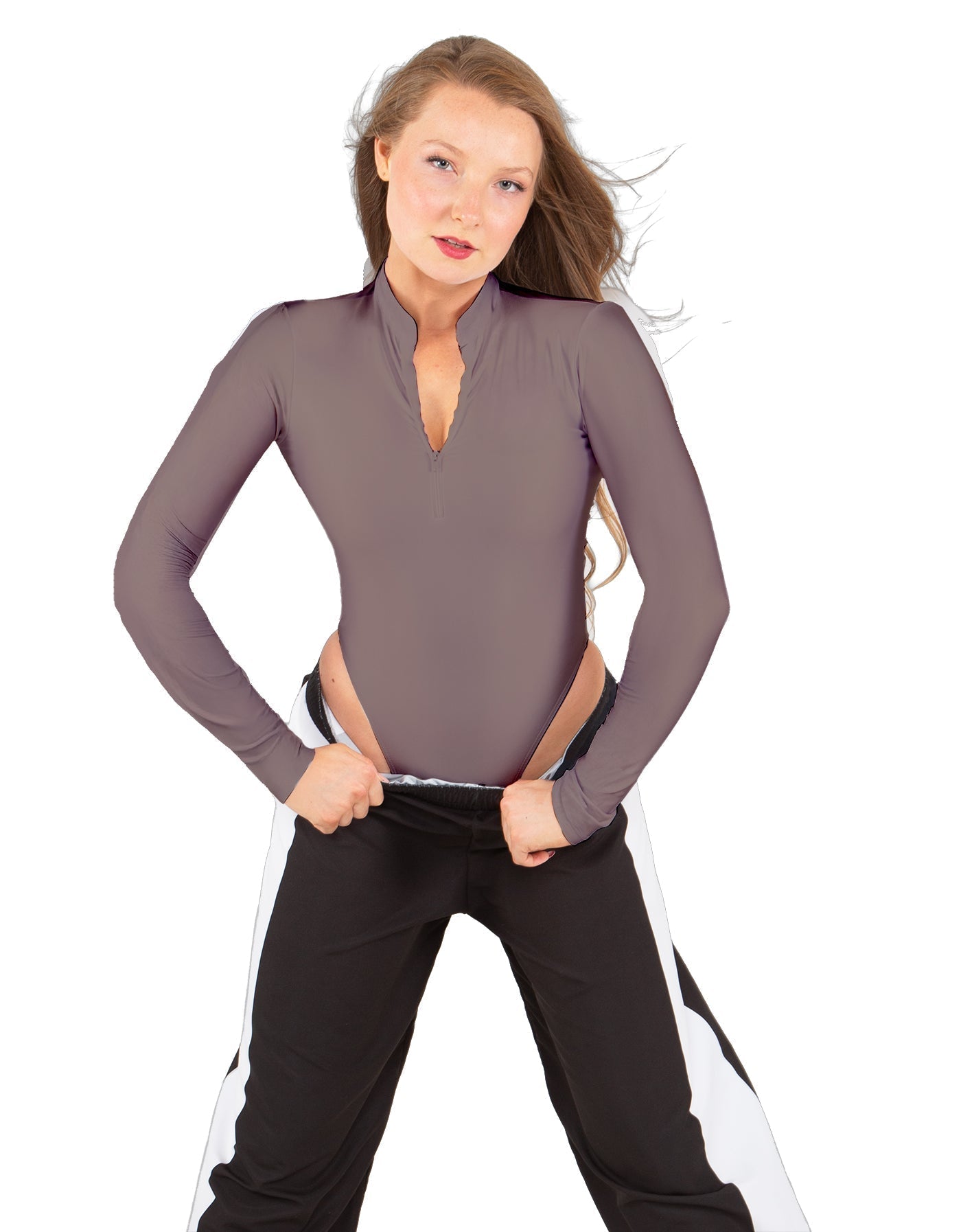 Solid Lycra LS TNeck Zipper Front Leotard High Cut Leg