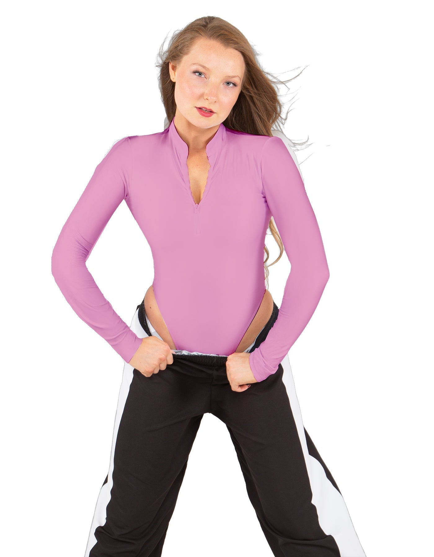 Solid Lycra LS TNeck Zipper Front Leotard High Cut Leg