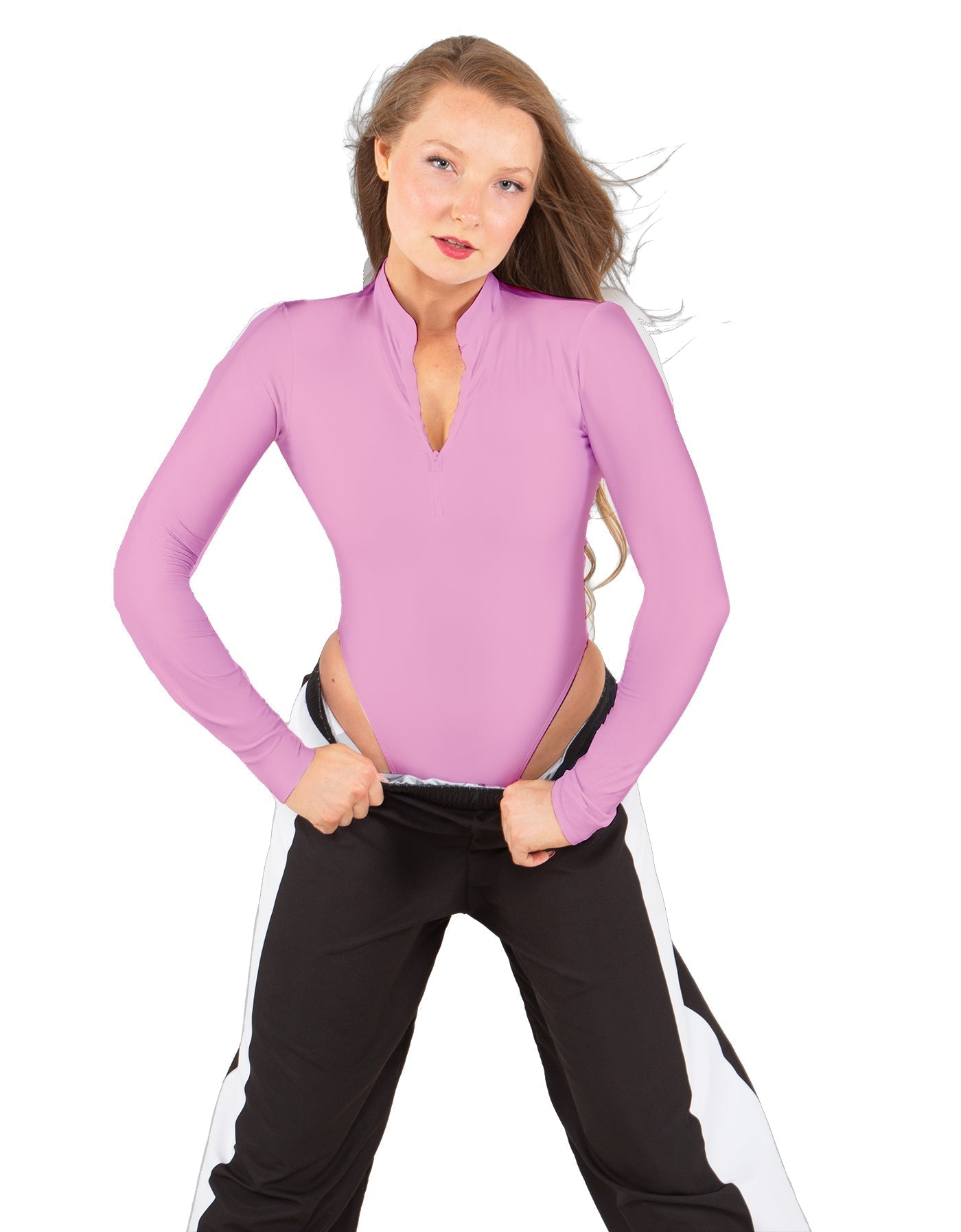 Solid Lycra LS TNeck Zipper Front Leotard High Cut Leg