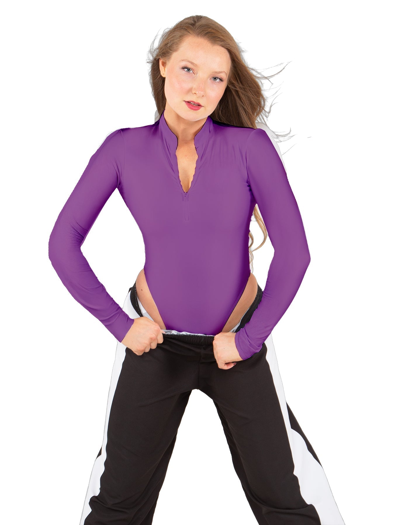 Solid Lycra LS TNeck Zipper Front Leotard High Cut Leg