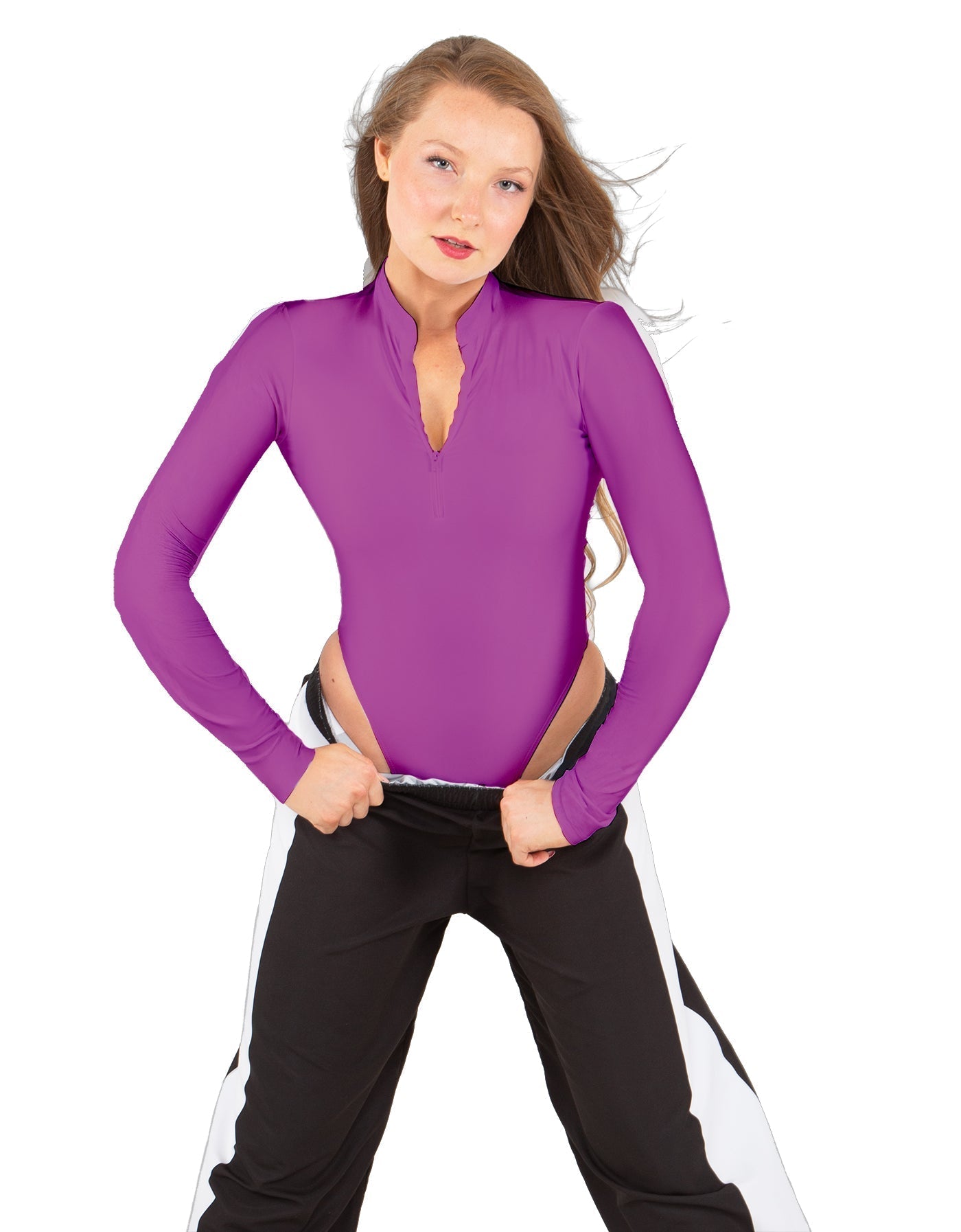 Solid Lycra LS TNeck Zipper Front Leotard High Cut Leg
