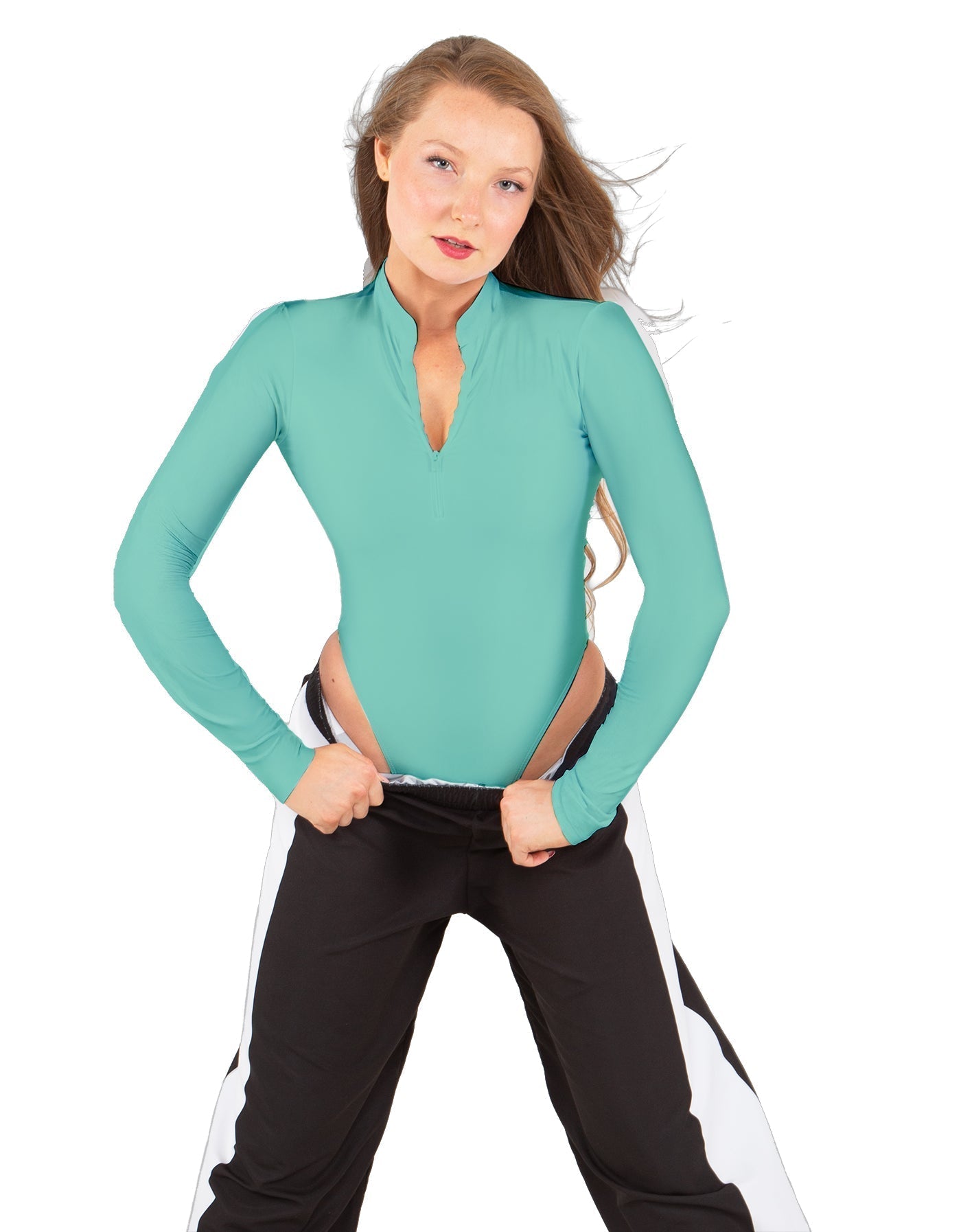 Solid Lycra LS TNeck Zipper Front Leotard High Cut Leg