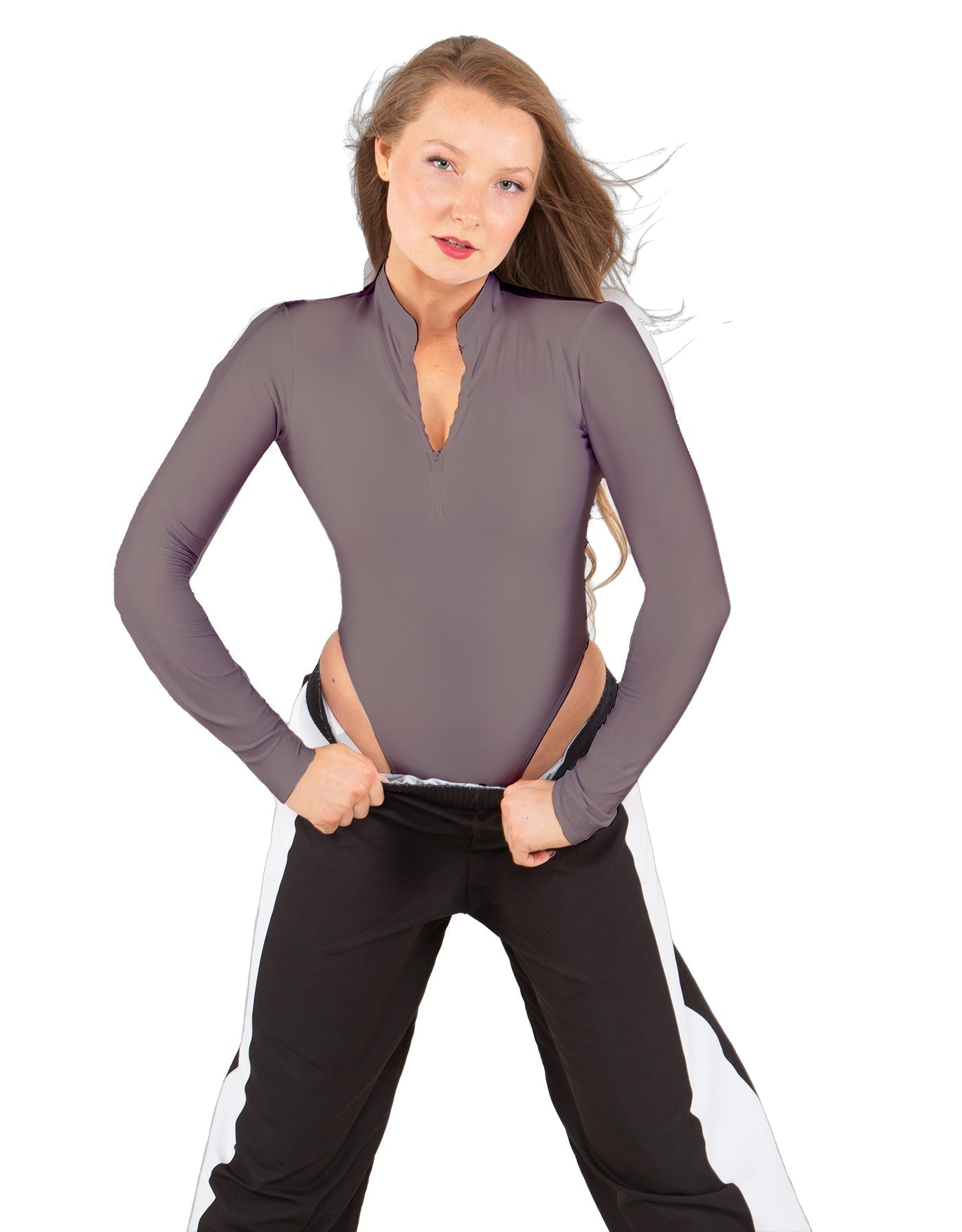 Solid Lycra LS TNeck Zipper Front Leotard High Cut Leg