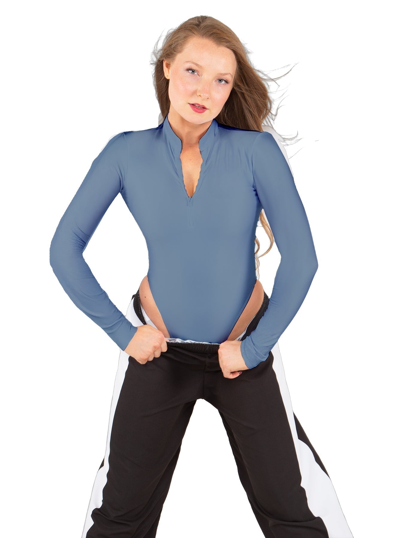 Solid Lycra LS TNeck Zipper Front Leotard High Cut Leg