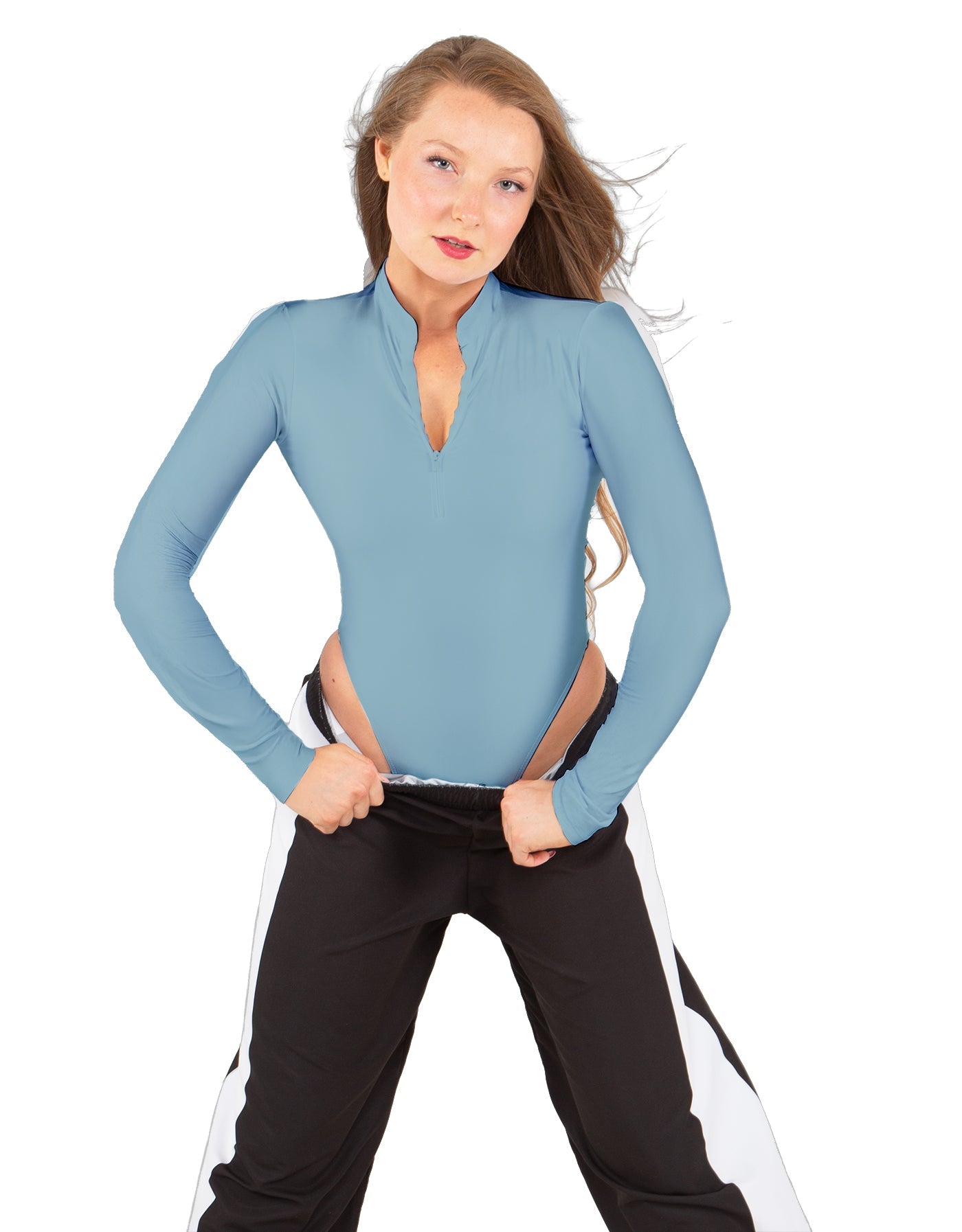 Solid Lycra LS TNeck Zipper Front Leotard High Cut Leg