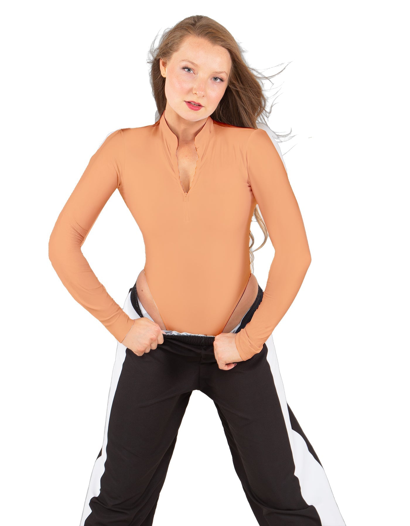 Solid Lycra LS TNeck Zipper Front Leotard High Cut Leg
