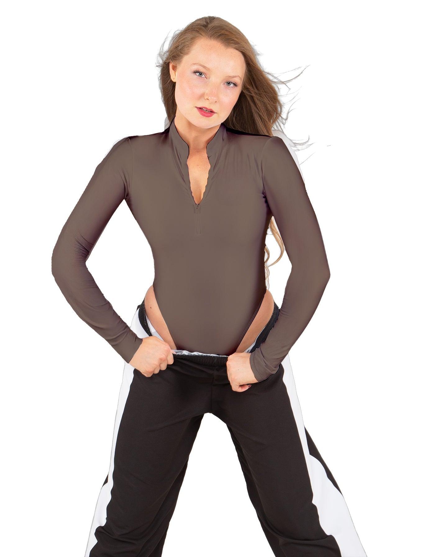 Solid Lycra LS TNeck Zipper Front Leotard High Cut Leg
