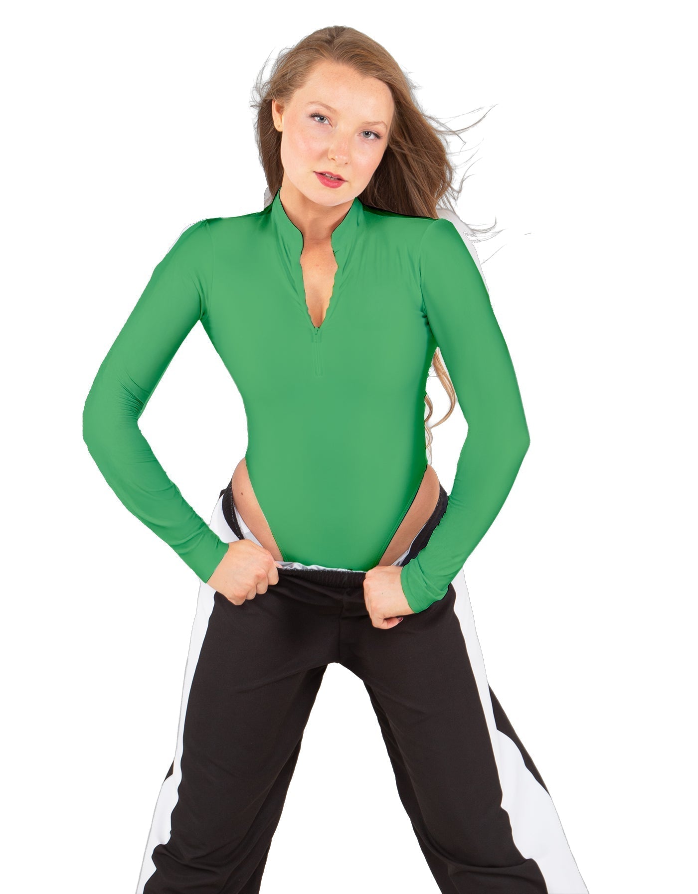 Solid Lycra LS TNeck Zipper Front Leotard High Cut Leg