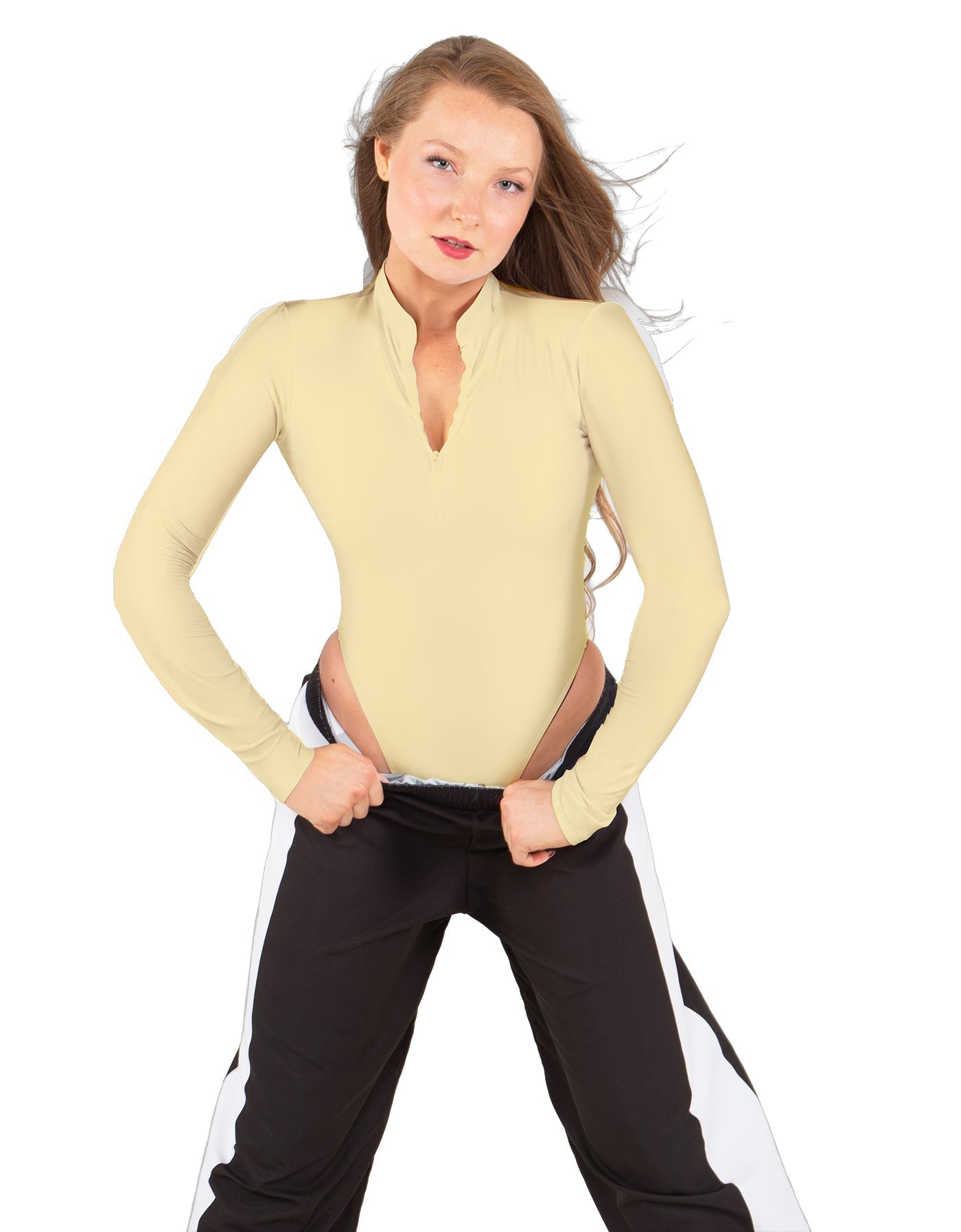 Solid Lycra LS TNeck Zipper Front Leotard High Cut Leg