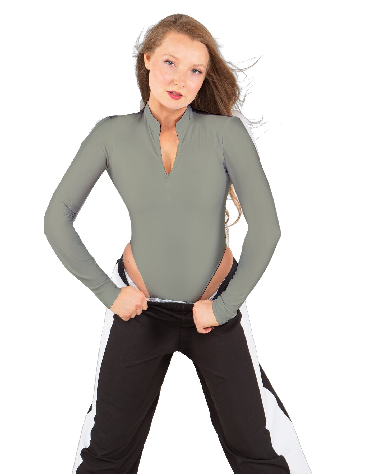 Solid Lycra LS TNeck Zipper Front Leotard High Cut Leg