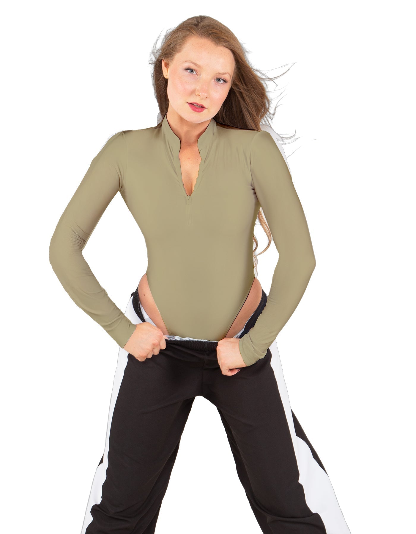 Solid Lycra LS TNeck Zipper Front Leotard High Cut Leg