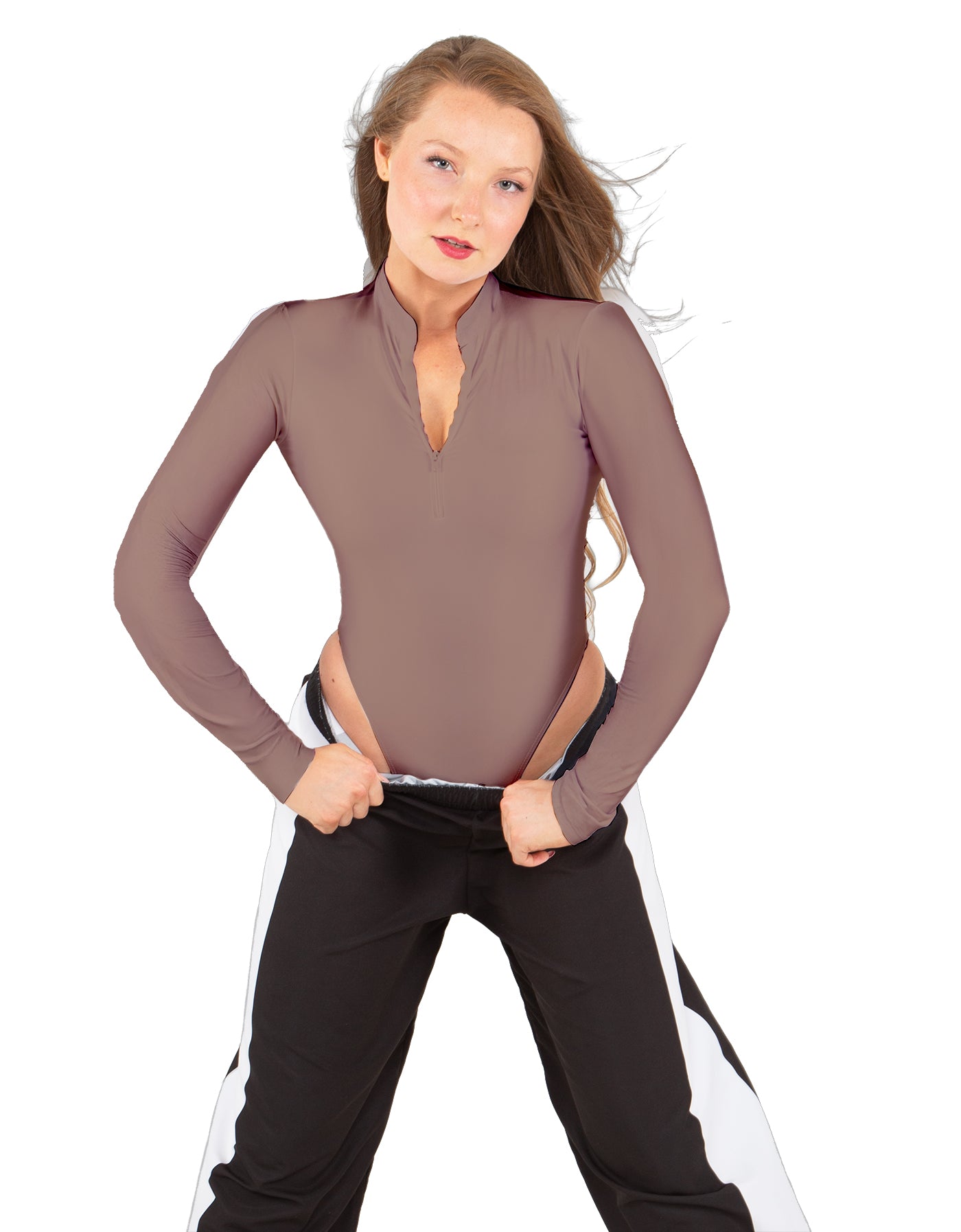 Solid Lycra LS TNeck Zipper Front Leotard High Cut Leg