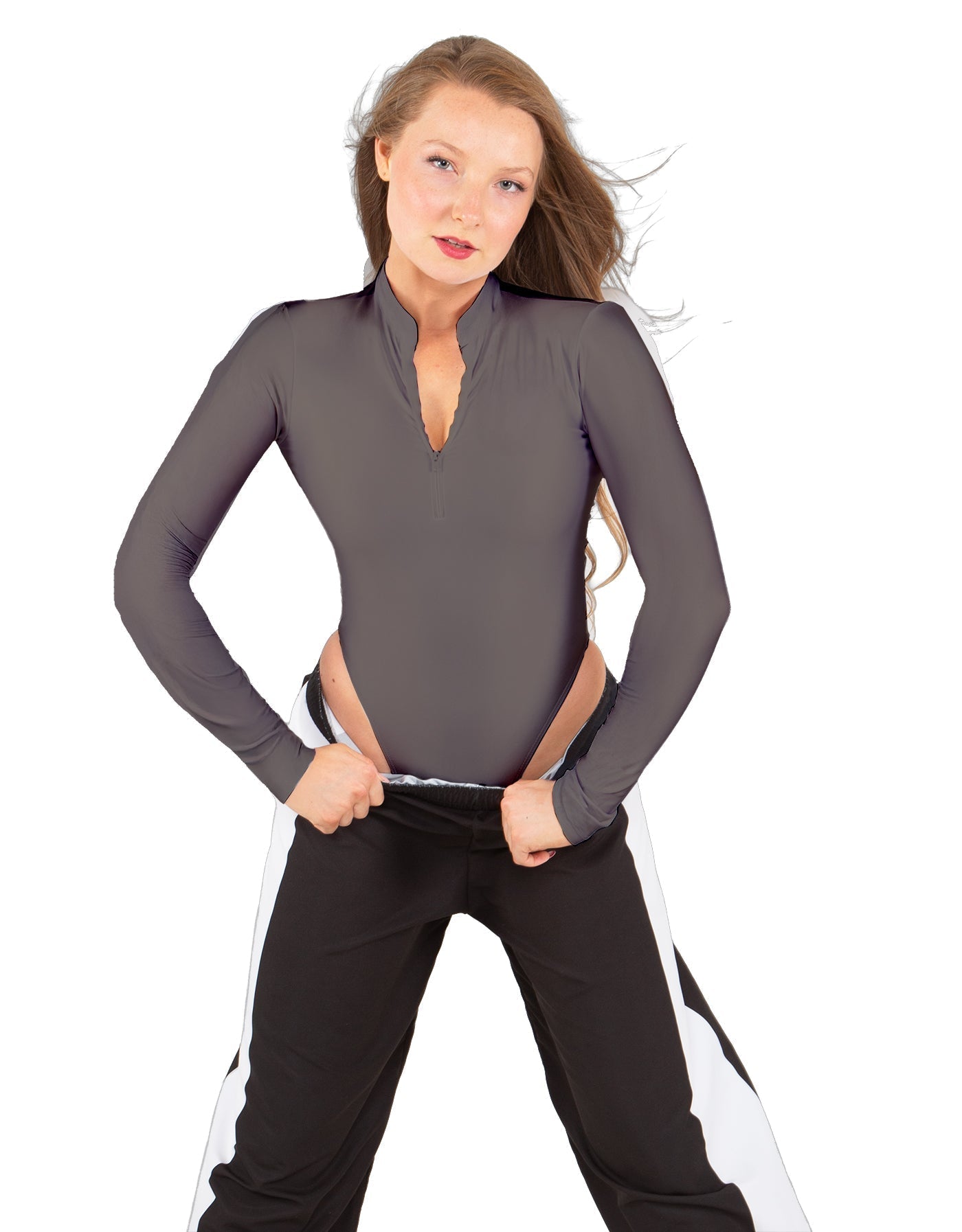Solid Lycra LS TNeck Zipper Front Leotard High Cut Leg