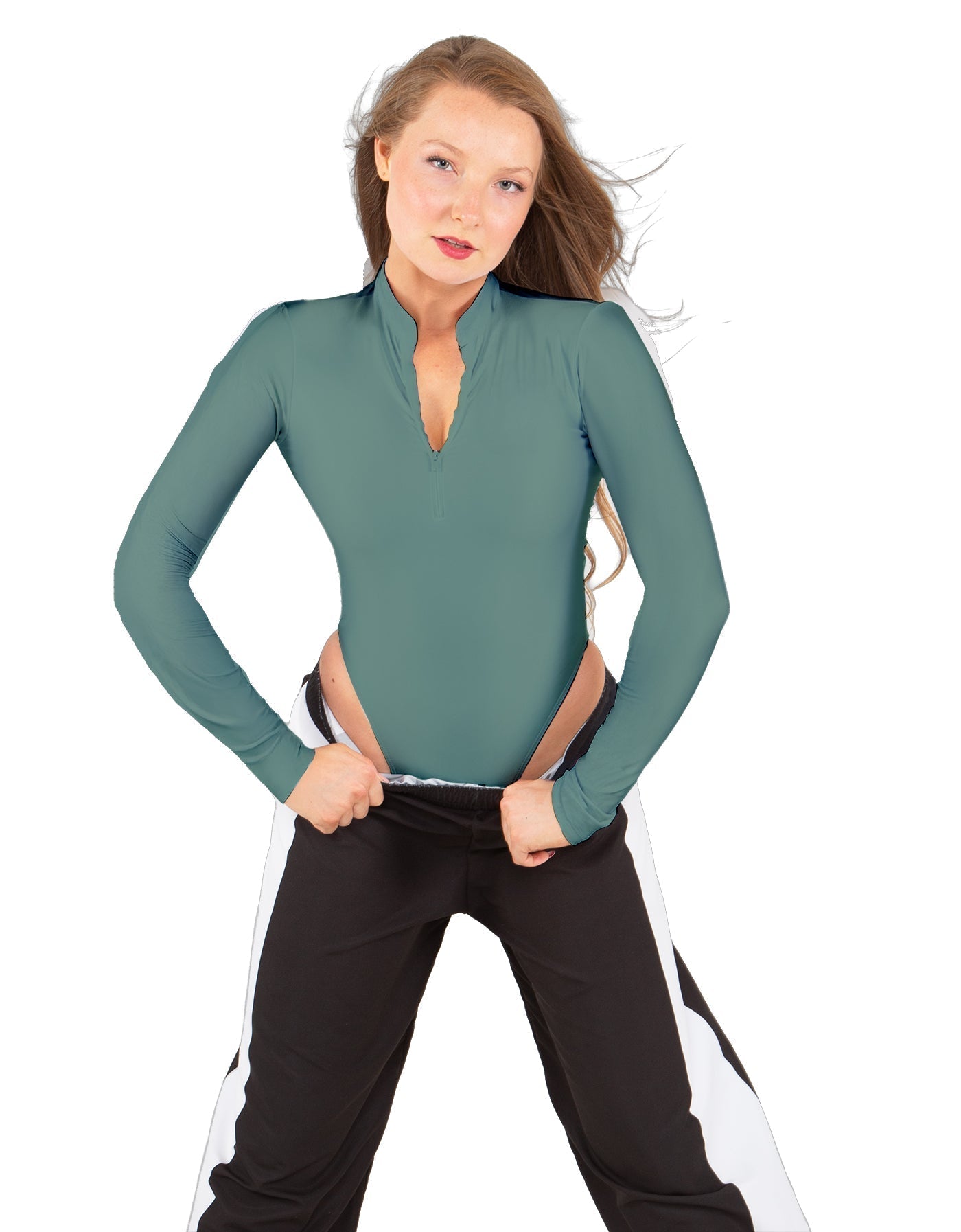 Solid Lycra LS TNeck Zipper Front Leotard High Cut Leg