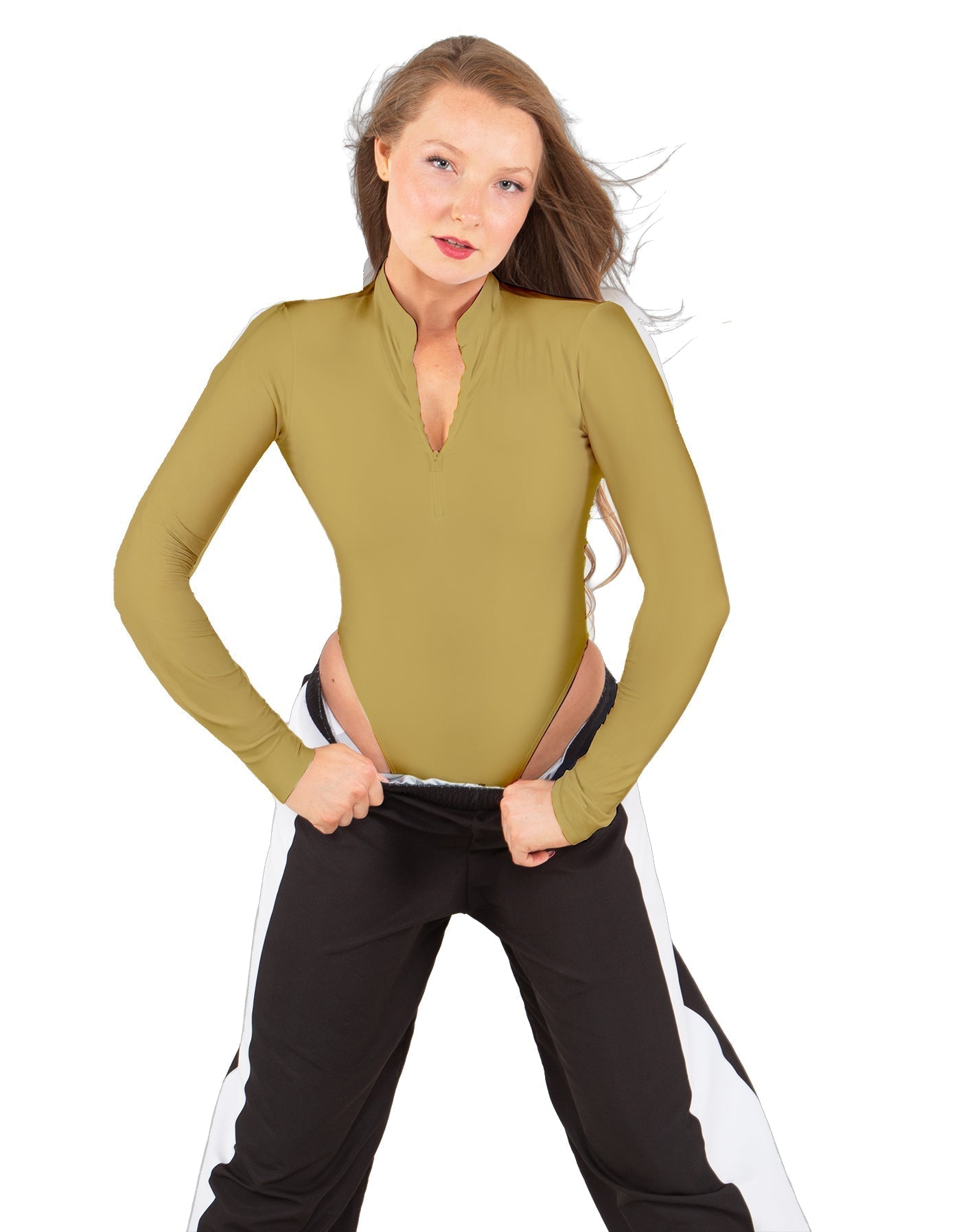 Solid Lycra LS TNeck Zipper Front Leotard High Cut Leg