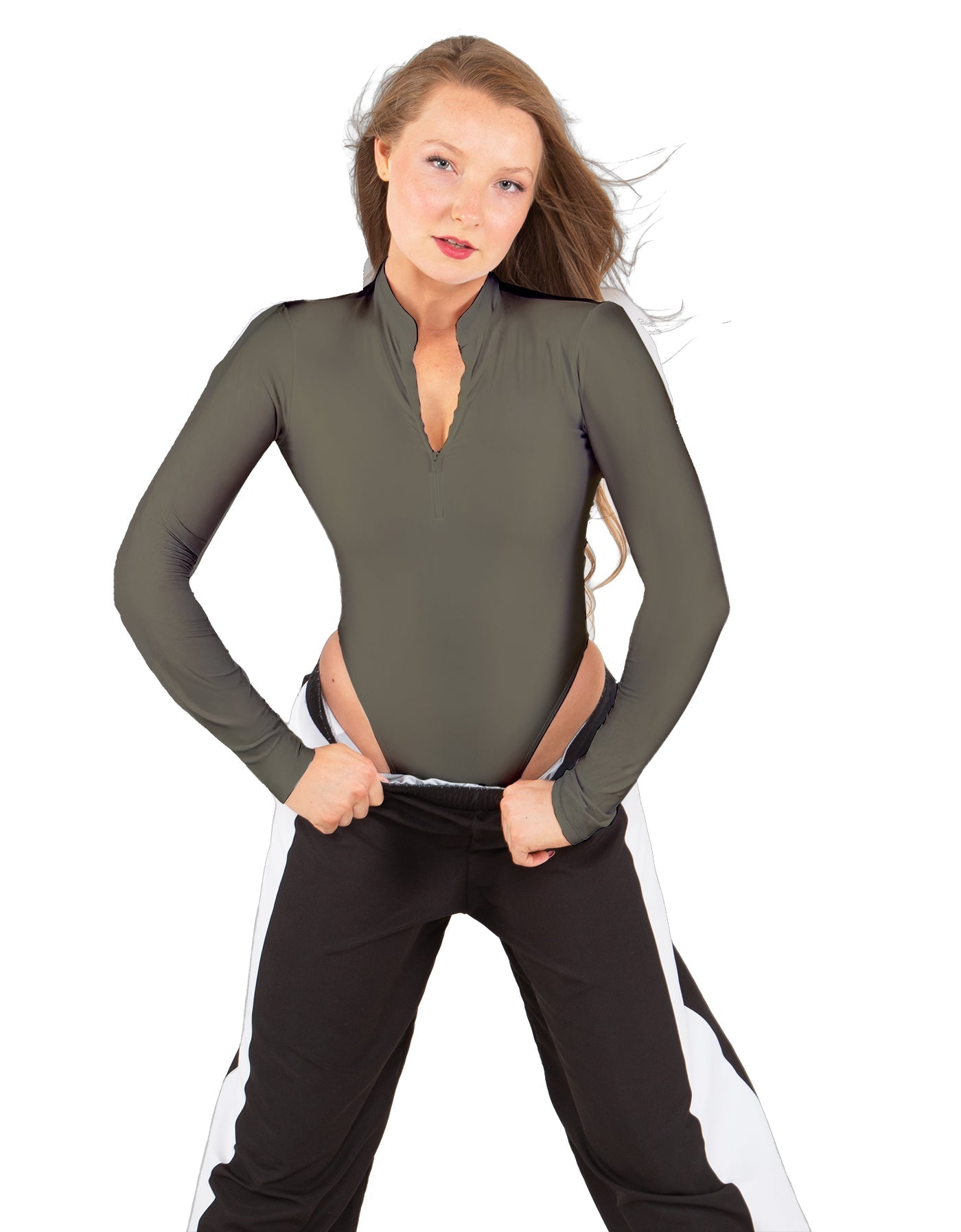 Solid Lycra LS TNeck Zipper Front Leotard High Cut Leg