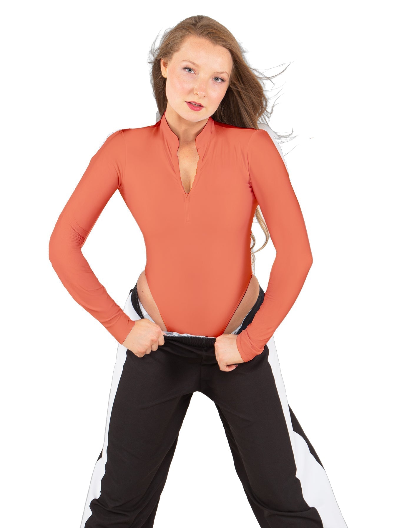 Solid Lycra LS TNeck Zipper Front Leotard High Cut Leg